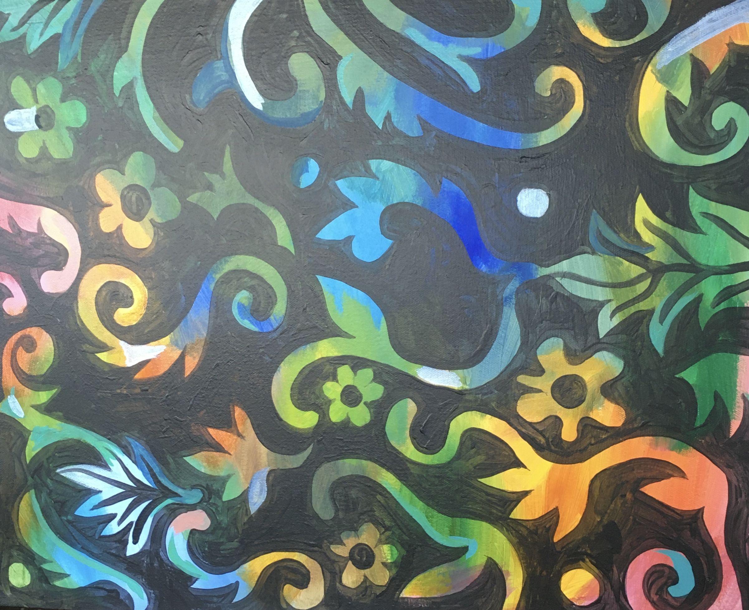 bright and colorful abstract flowers floating on a painterly black background :: Painting :: Contemporary :: This piece comes with an official certificate of authenticity signed by the artist :: Ready to Hang: Yes :: Signed: Yes :: Signature