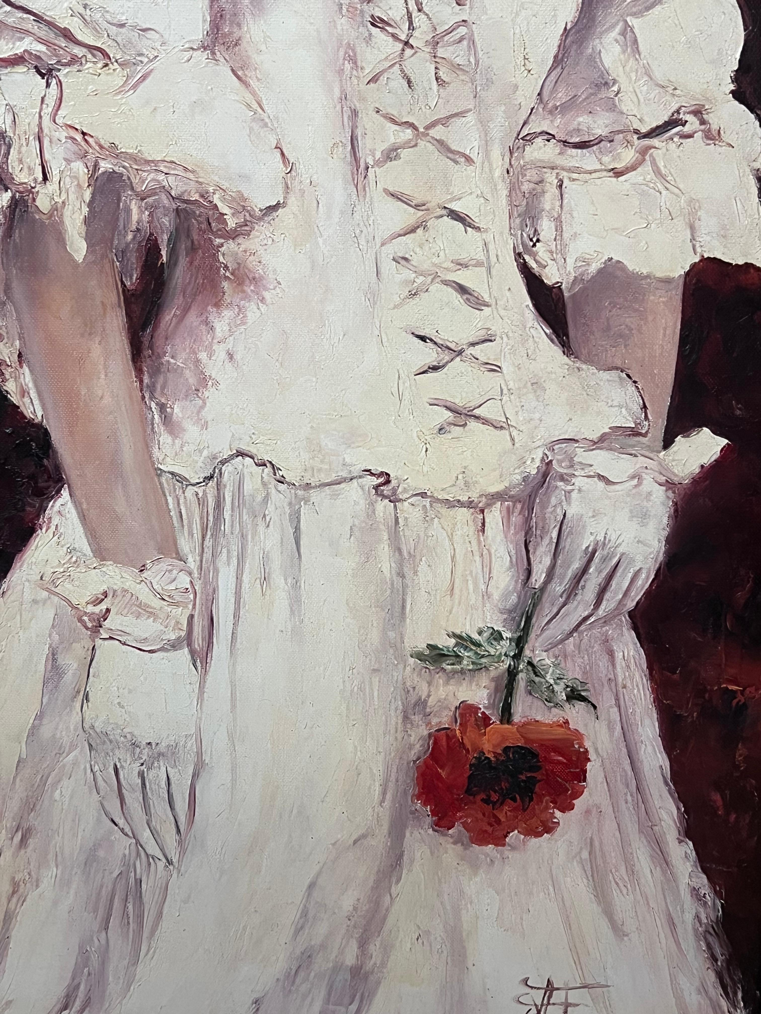 Französisches Ölgemälde des 20. Jahrhunderts Elegante Dame mit Hut und Blumen Große Leinwand im Angebot 6