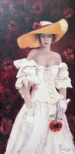 Pintura al óleo francesa del siglo XX Elegante dama con sombrero y flor Lienzo grande