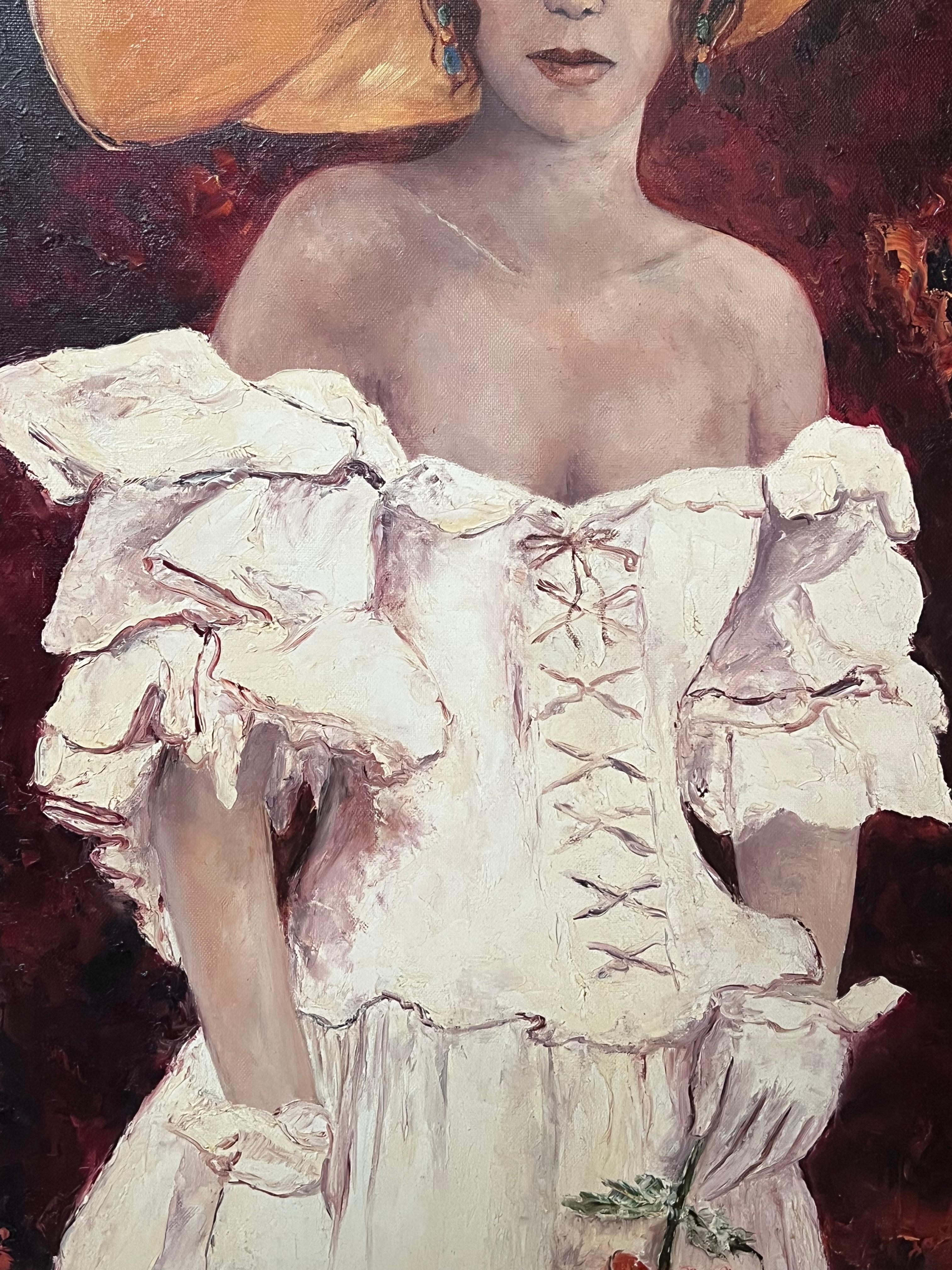 Französisches Ölgemälde des 20. Jahrhunderts Elegante Dame mit Hut und Blumen Große Leinwand (Französische Schule), Painting, von Annie Faure