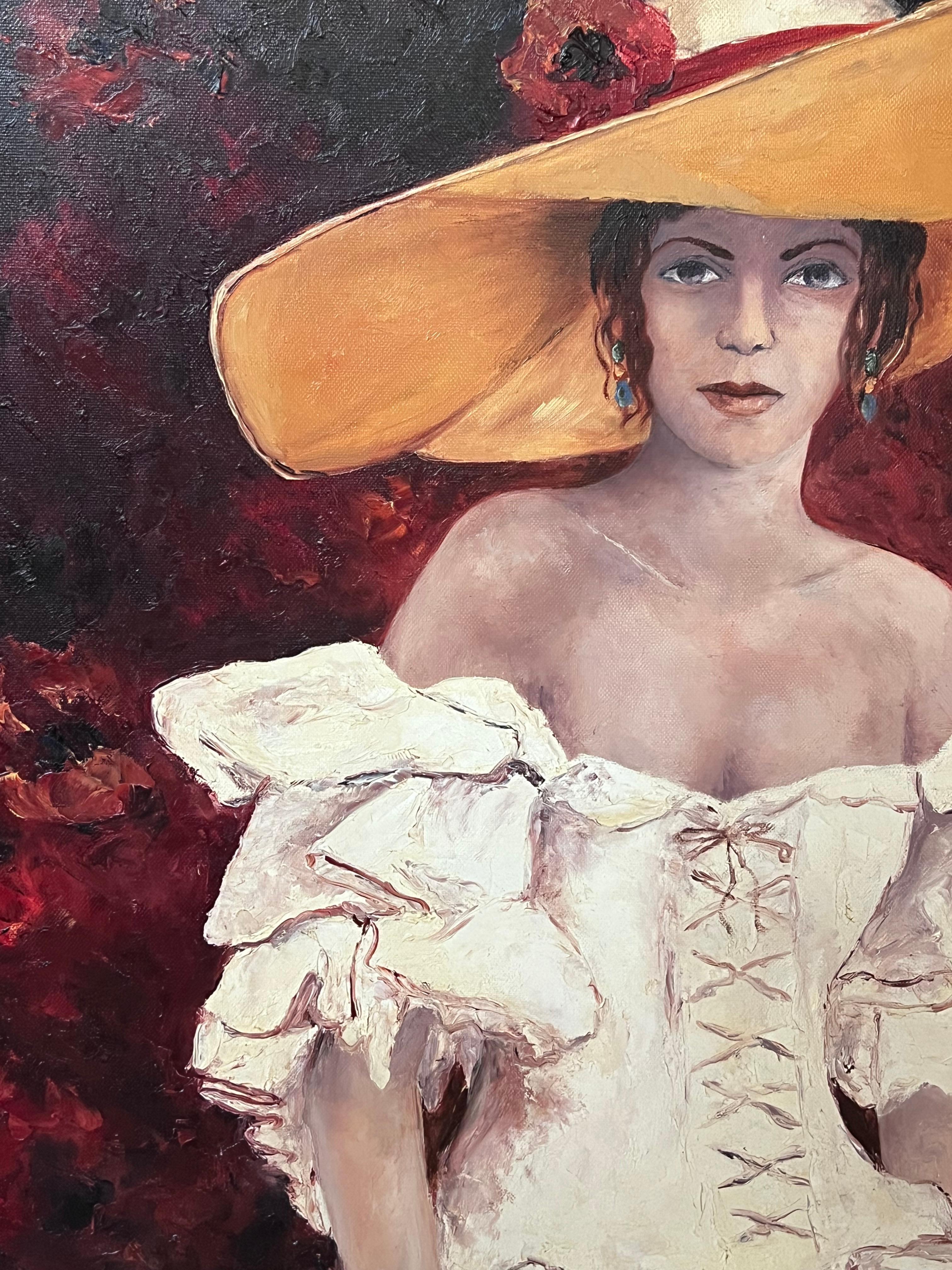 Französisches Ölgemälde des 20. Jahrhunderts Elegante Dame mit Hut und Blumen Große Leinwand (Schwarz), Figurative Painting, von Annie Faure