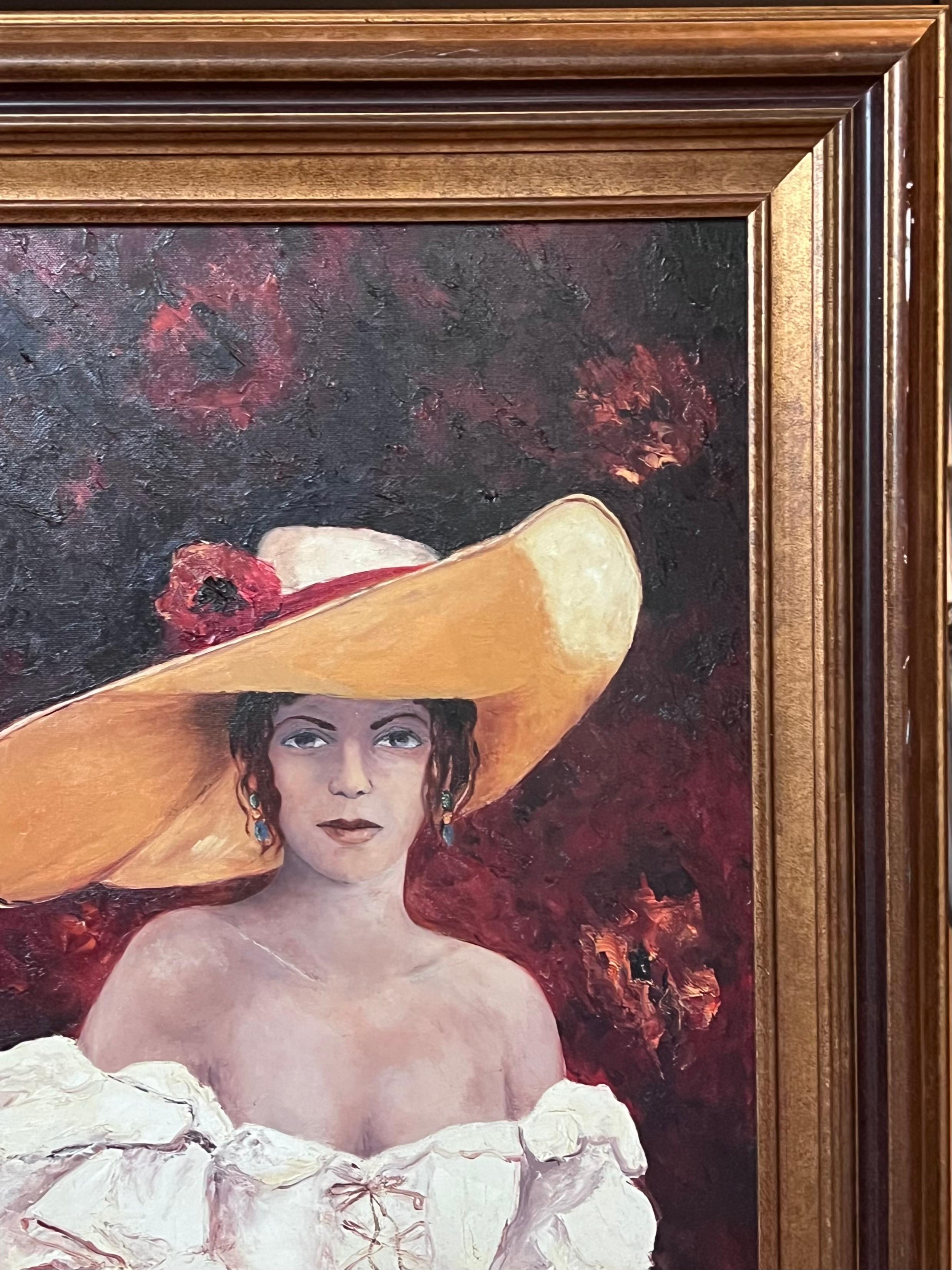 Französisches Ölgemälde des 20. Jahrhunderts Elegante Dame mit Hut und Blumen Große Leinwand im Angebot 1