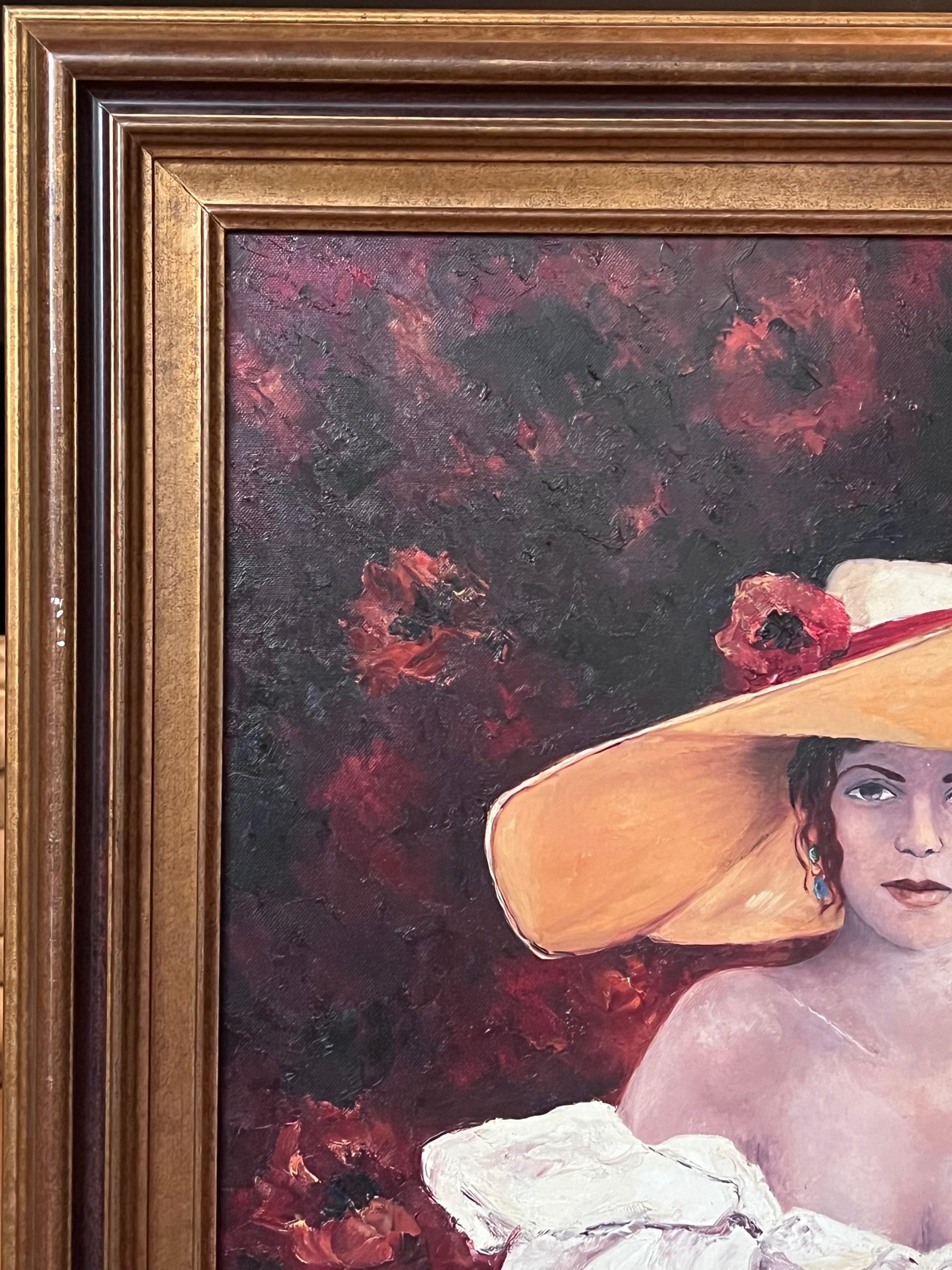 Französisches Ölgemälde des 20. Jahrhunderts Elegante Dame mit Hut und Blumen Große Leinwand im Angebot 2