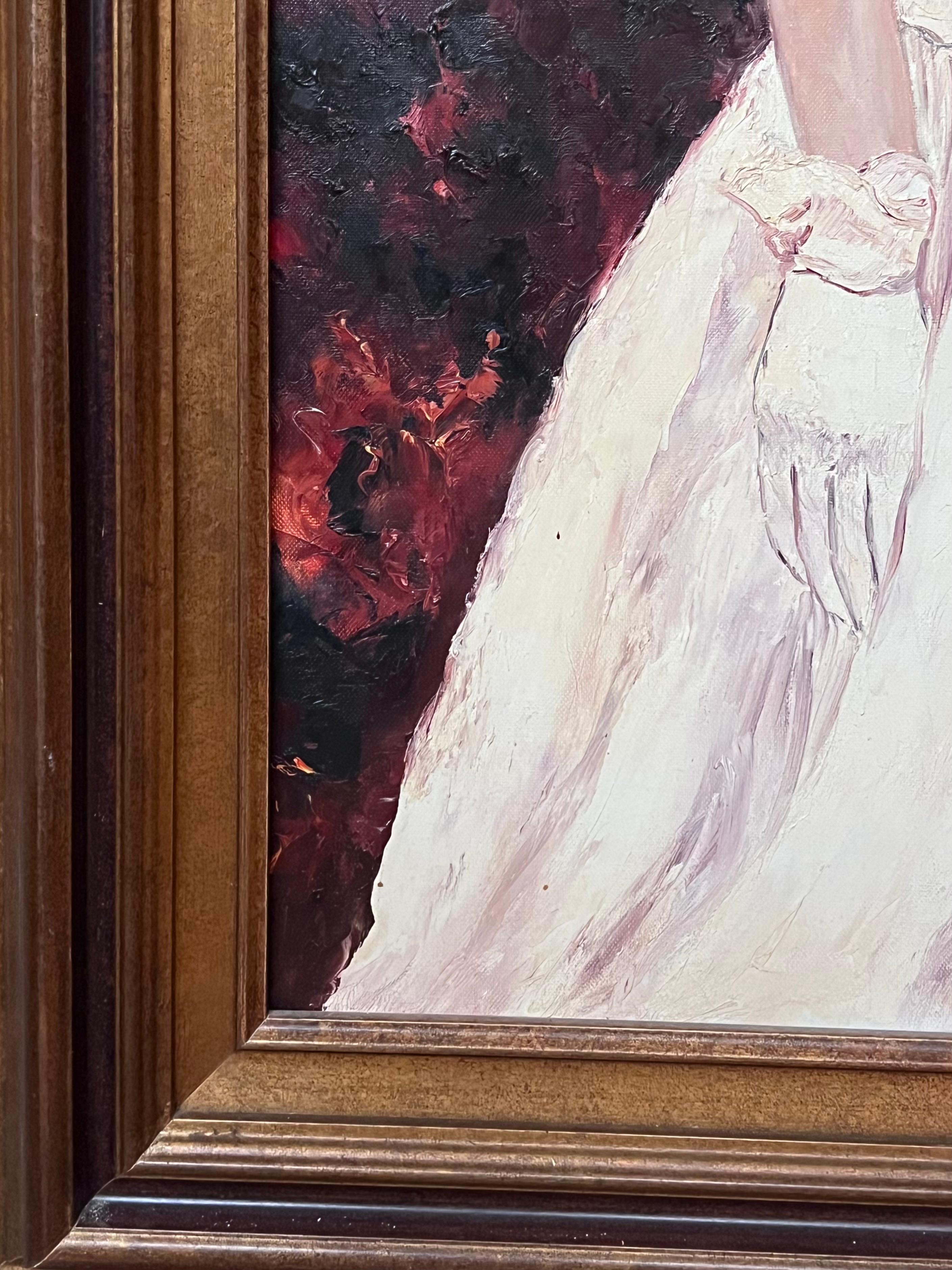 Französisches Ölgemälde des 20. Jahrhunderts Elegante Dame mit Hut und Blumen Große Leinwand im Angebot 3