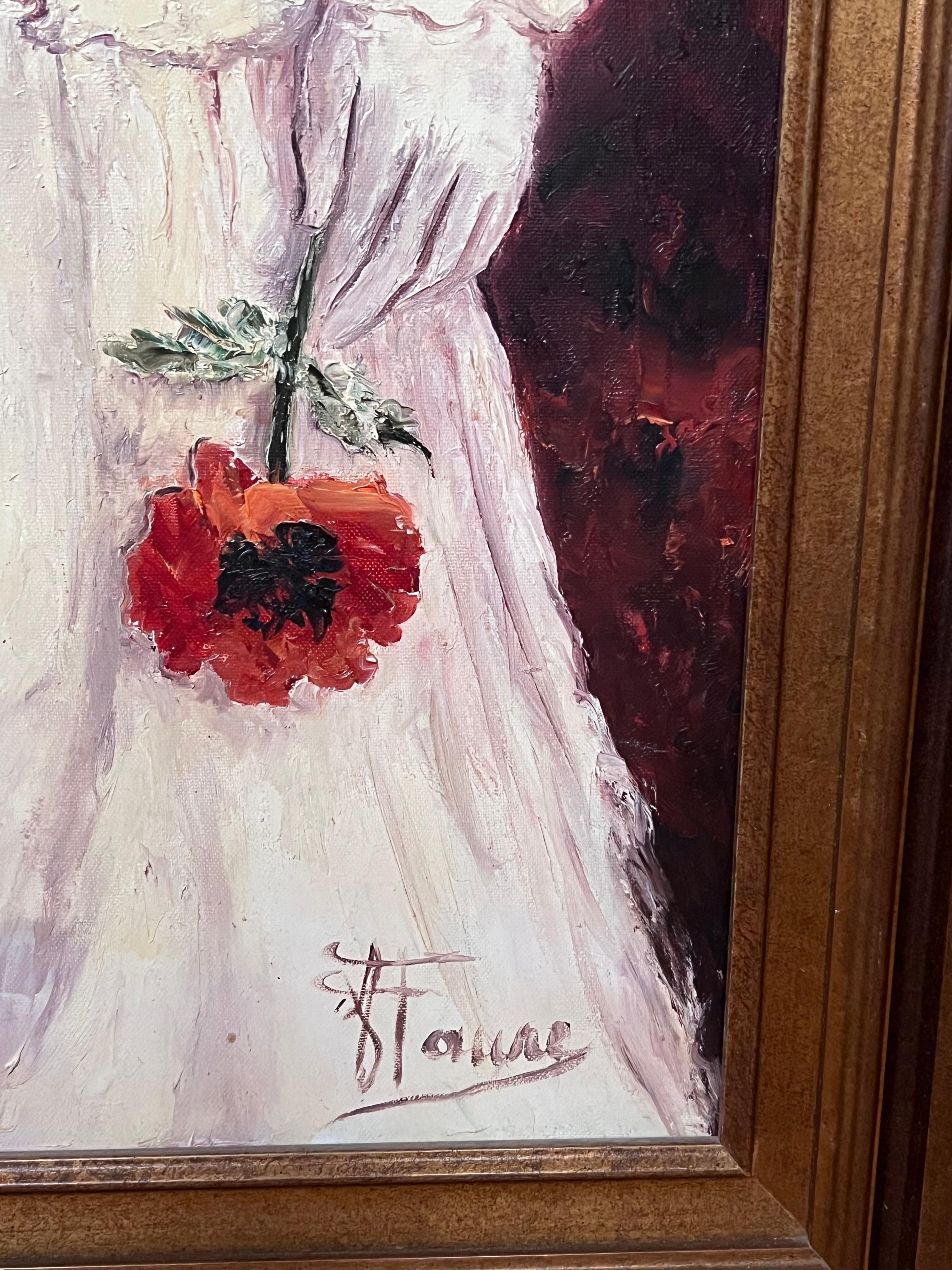 Französisches Ölgemälde des 20. Jahrhunderts Elegante Dame mit Hut und Blumen Große Leinwand im Angebot 4