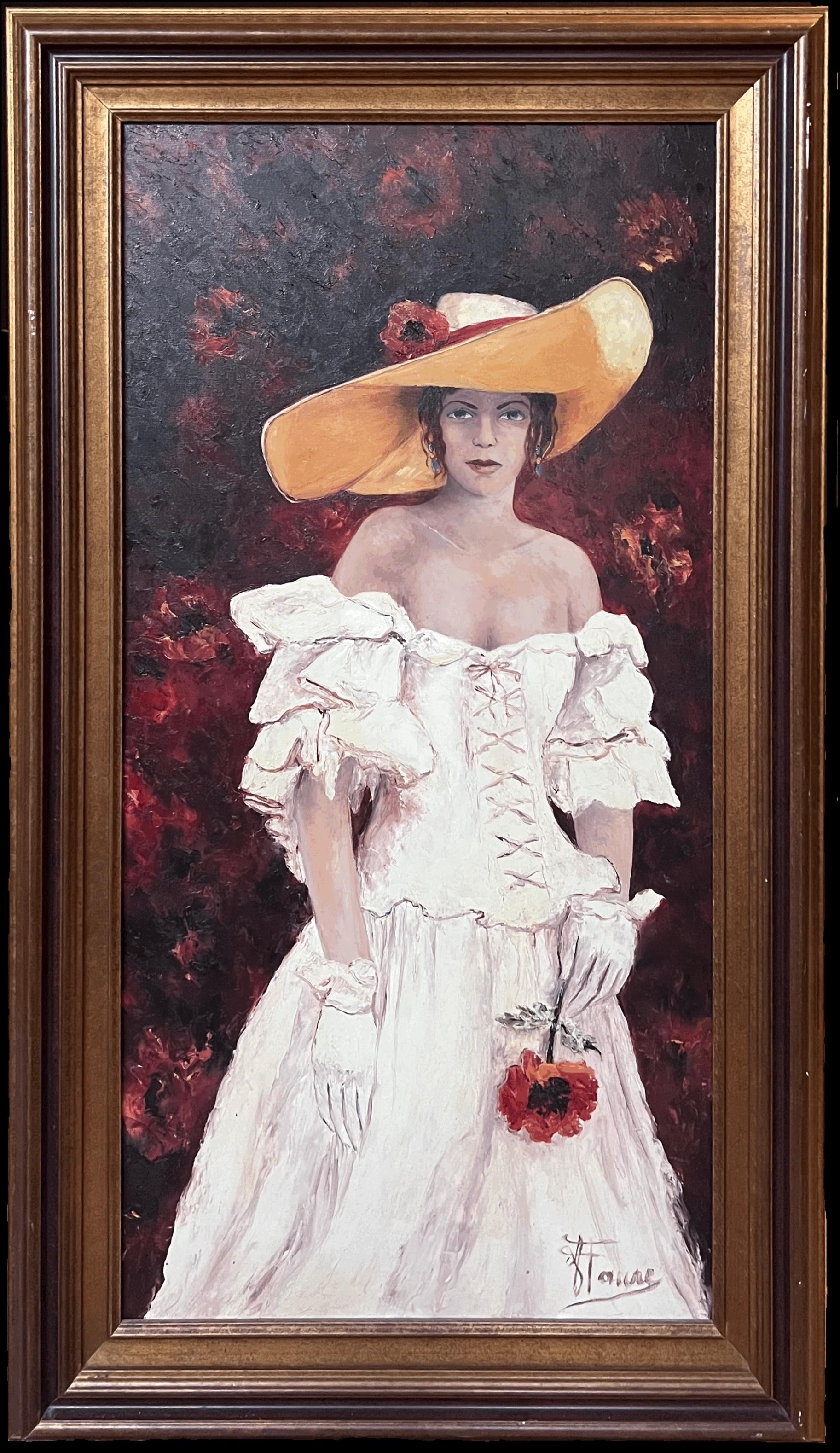 Peinture à l'huile française du 20e siècle, élégante femme au chapeau avec fleur