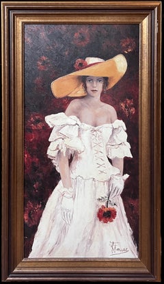 20th Century French Oil Painting Elegant Lady in Hat with Flower Large Canvas