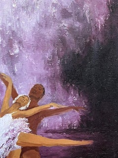 Olio francese del XX secolo: cigno, ballerina e partner che danzano nella foschia viola