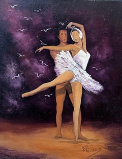 Óleo francés del siglo XX Bailarina con forma de cisne y pareja bailando en la bruma púrpura