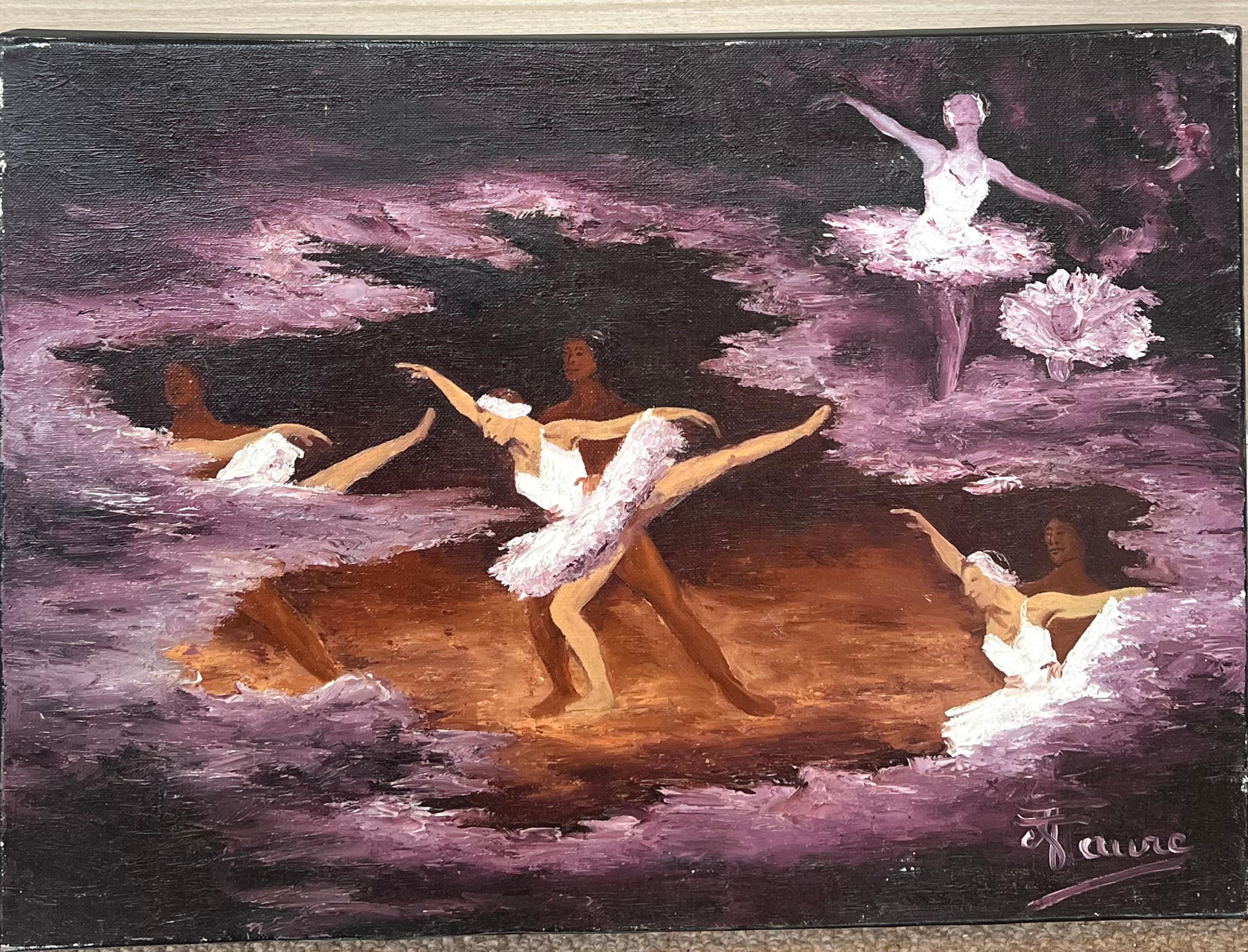 Ballerias tanzend in Bewegung in tiefen lila Tönen, Französisches Ölgemälde, 20. Jahrhundert – Painting von Annie Faure