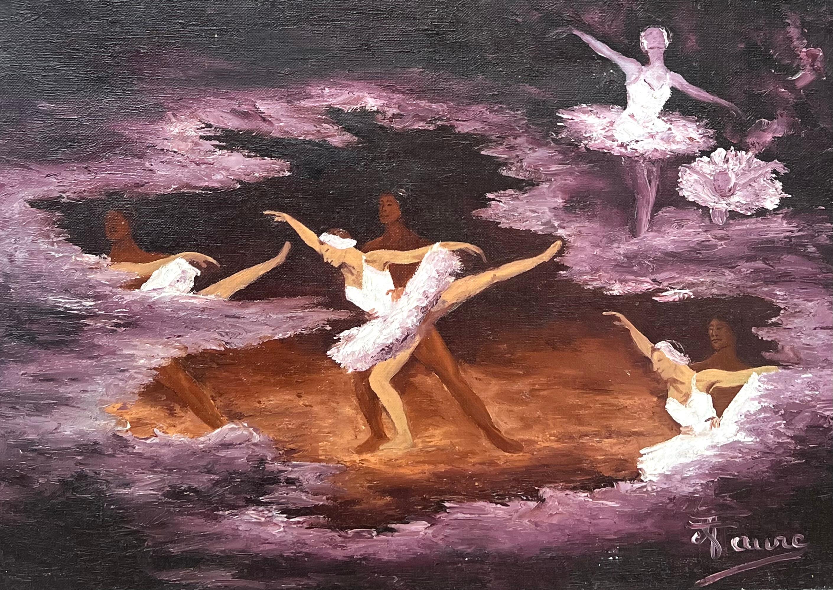 Annie Faure Portrait Painting – Ballerias tanzend in Bewegung in tiefen lila Tönen, Französisches Ölgemälde, 20. Jahrhundert