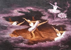 Ballerias Dancing In Motion In Deep Purple Tones 20th Century French Oil