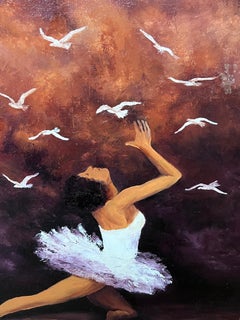 Ballerina Dancing Up To The Doves Landscape 20th Century French Oil Painting