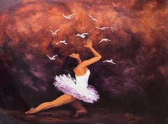 Ballerina Dancing Up To The Doves Landscape 20th Century French Oil Painting