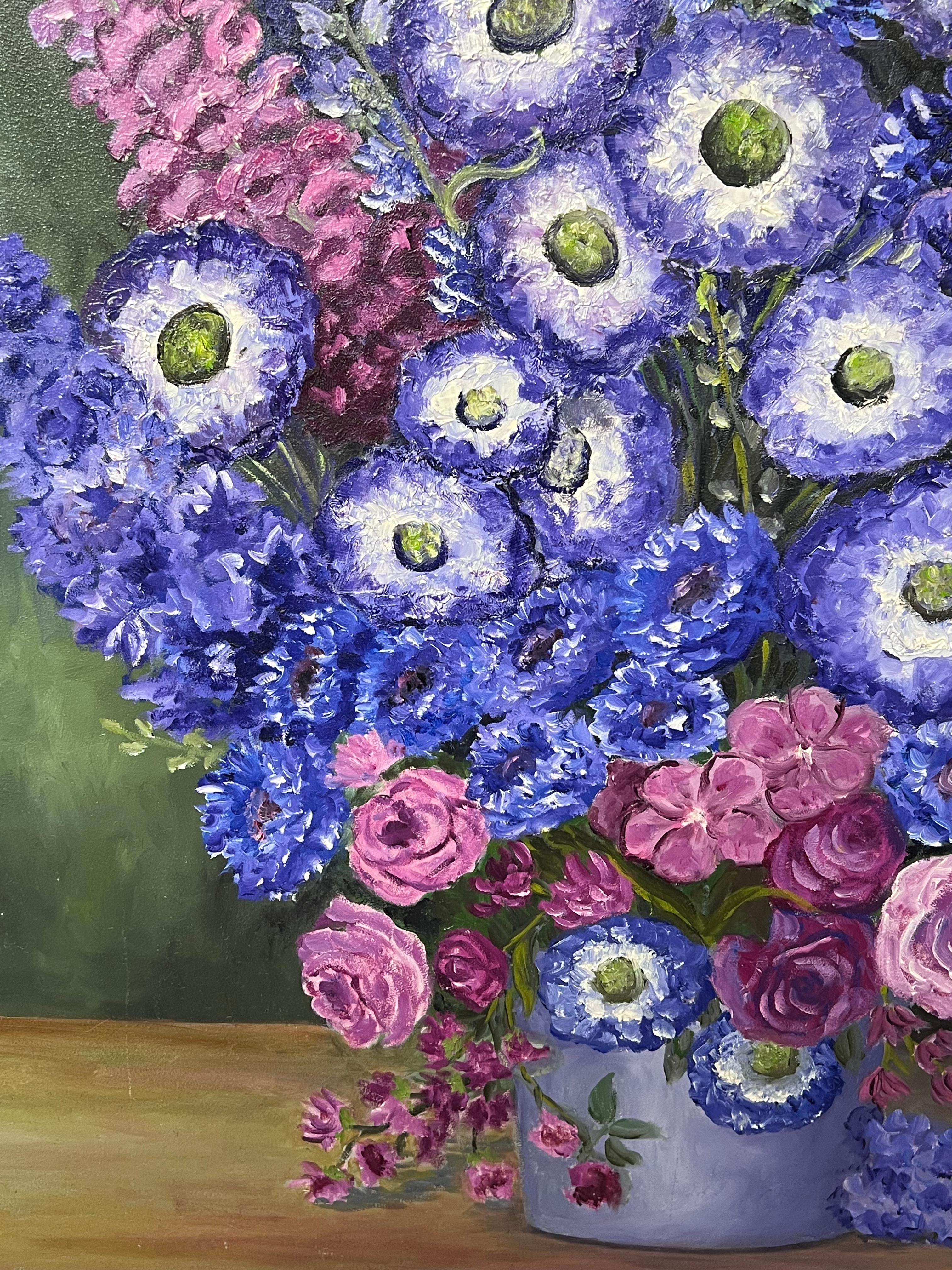Blue Purple and Pink Anemones Still Life Bouquet French Oil Painting - Gray Still-Life Painting by Annie Faure