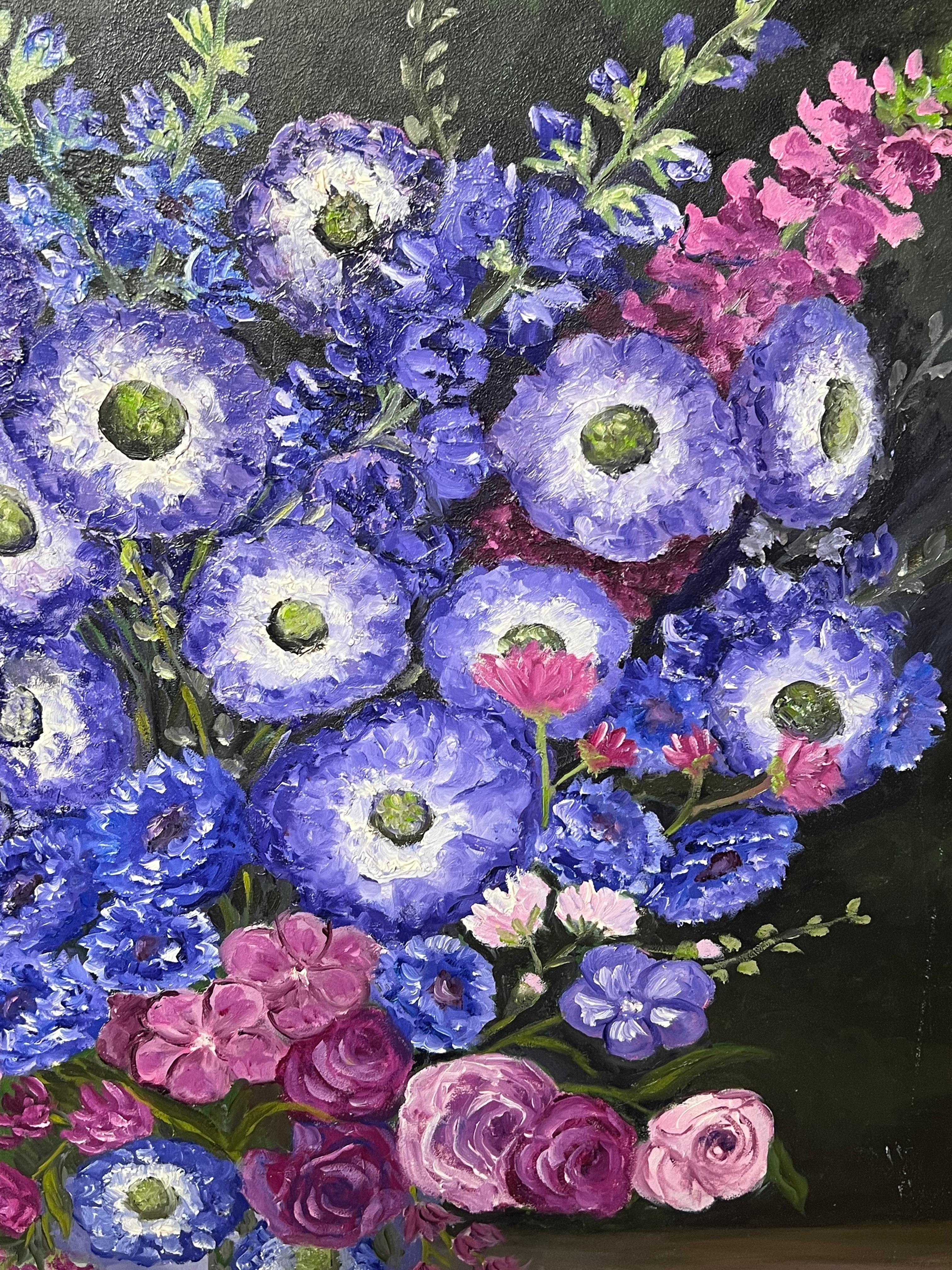 Blue Purple and Pink Anemones Still Life Bouquet French Oil Painting For Sale 1
