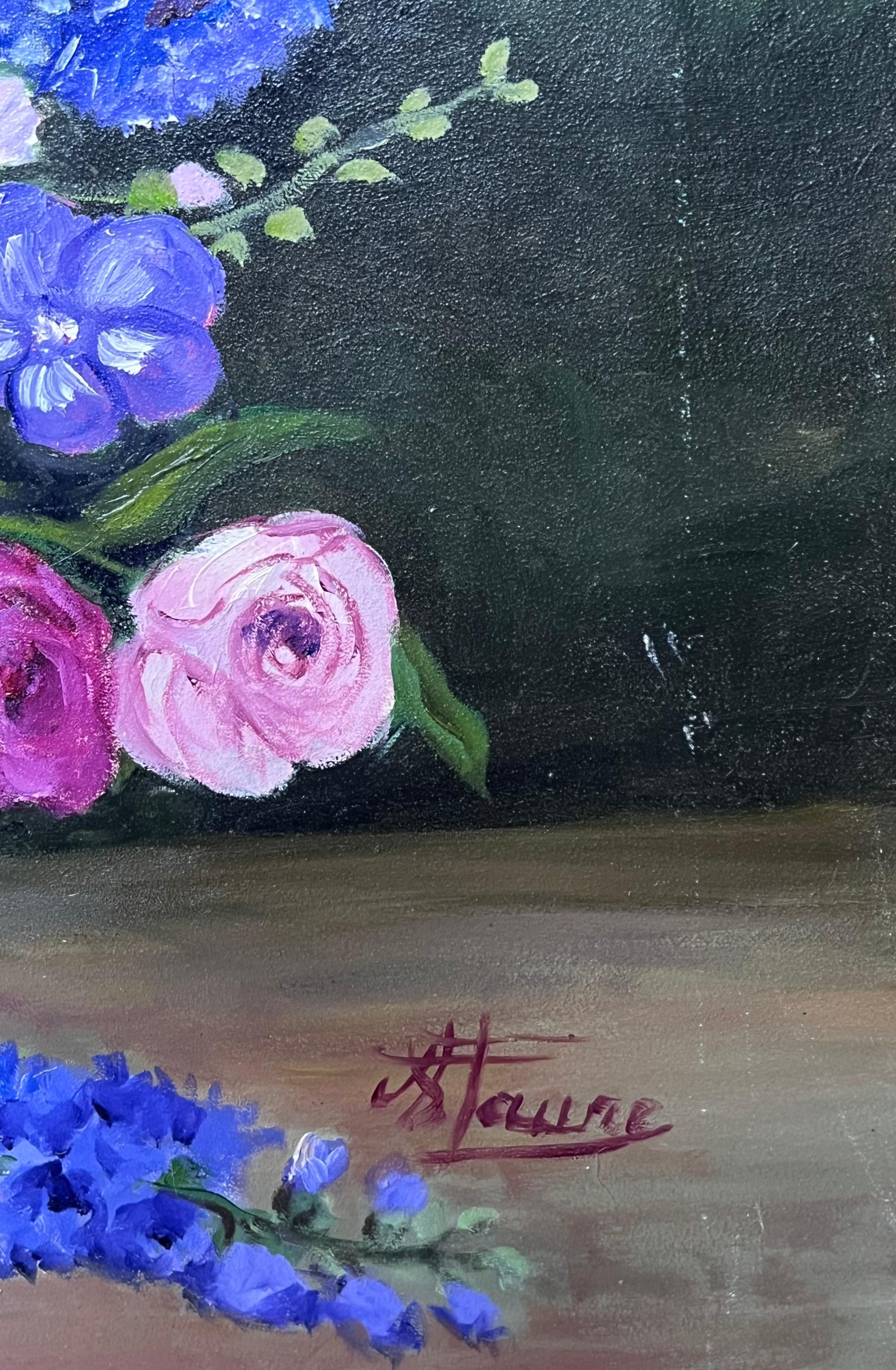Blue Purple and Pink Anemones Still Life Bouquet French Oil Painting For Sale 2