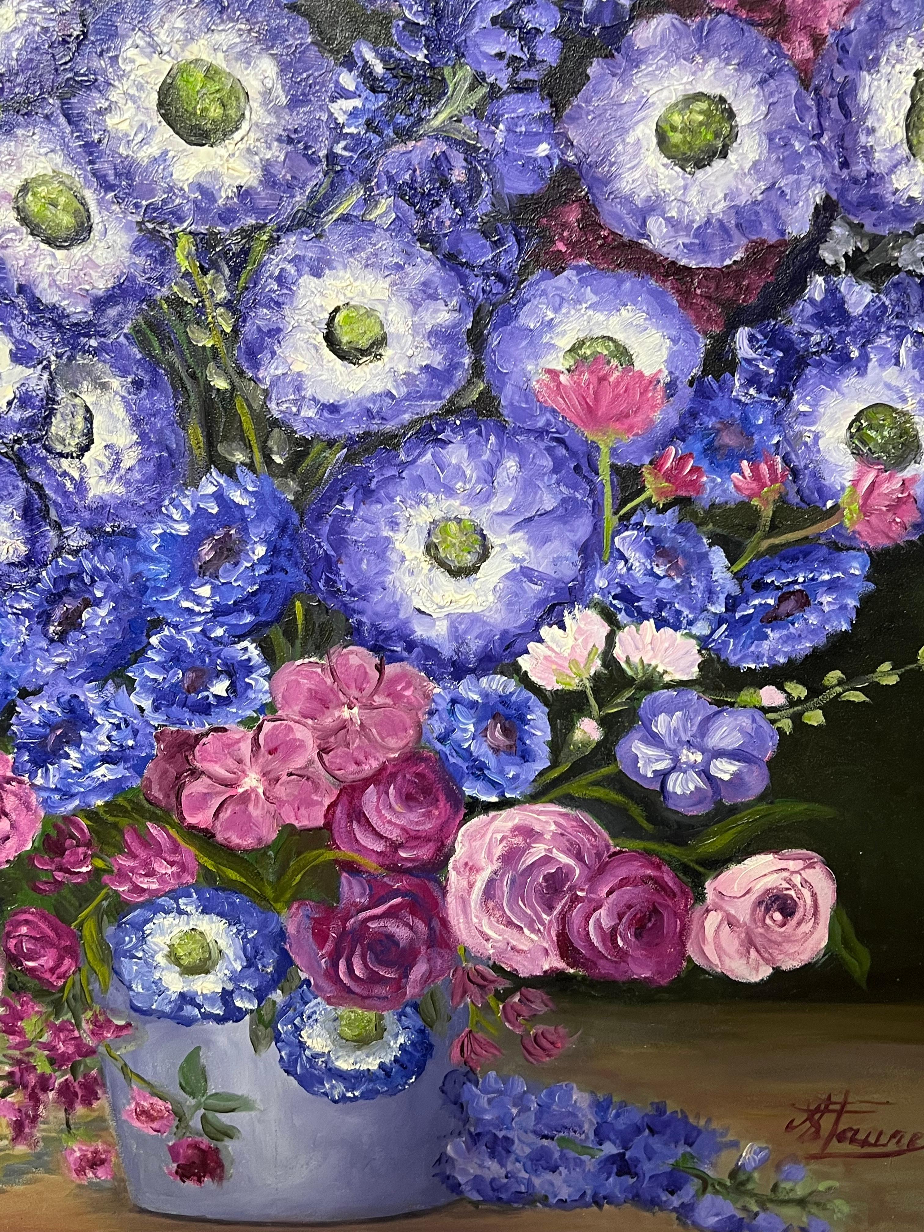 Blue Purple and Pink Anemones Still Life Bouquet French Oil Painting For Sale 3