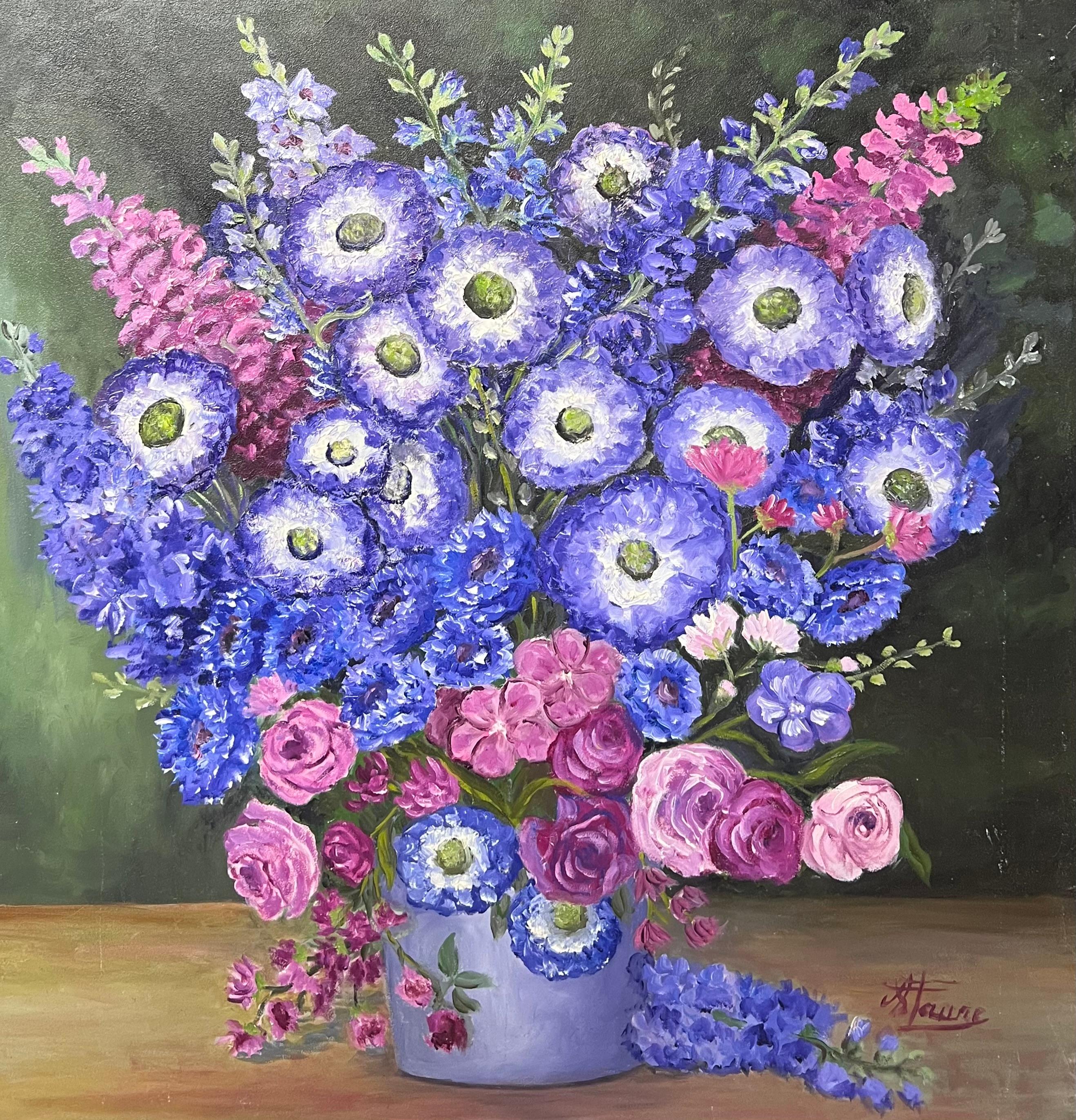 Annie Faure Still-Life Painting - Blue Purple and Pink Anemones Still Life Bouquet French Oil Painting