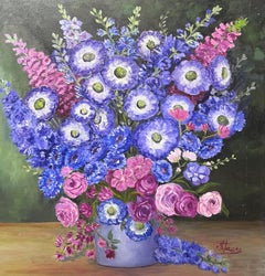 Natura morta di anemoni blu, viola e rosa, bouquet, pittura ad olio francese