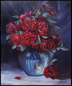 Französisches Ölgemälde, Blumenstrauß mit roten Rosen in blauer Vase, 20. Jahrhundert