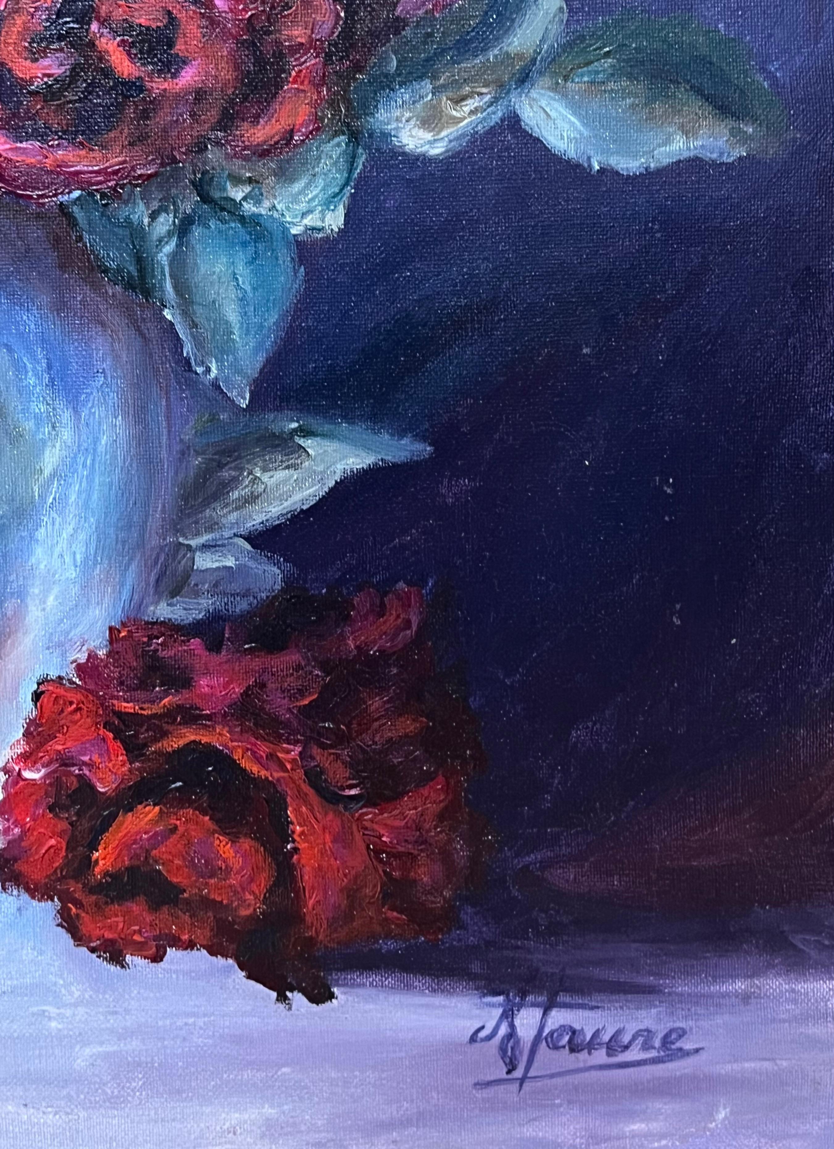 Rote Rose Blumenstrauß
von Annie Faure (Französisch 1940-2021)
signiert untere Ecke
Ölgemälde auf Leinwand, ungerahmt
Größe der Leinwand: 24 x 19,5 Zoll
Zustand: insgesamt sehr gut, kleinere Oberflächenabschürfungen durch frühere Lagerung
Herkunft:
