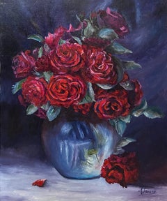 Bouquet of Red Roses in Blue Vase 20th Century French Oil Painting