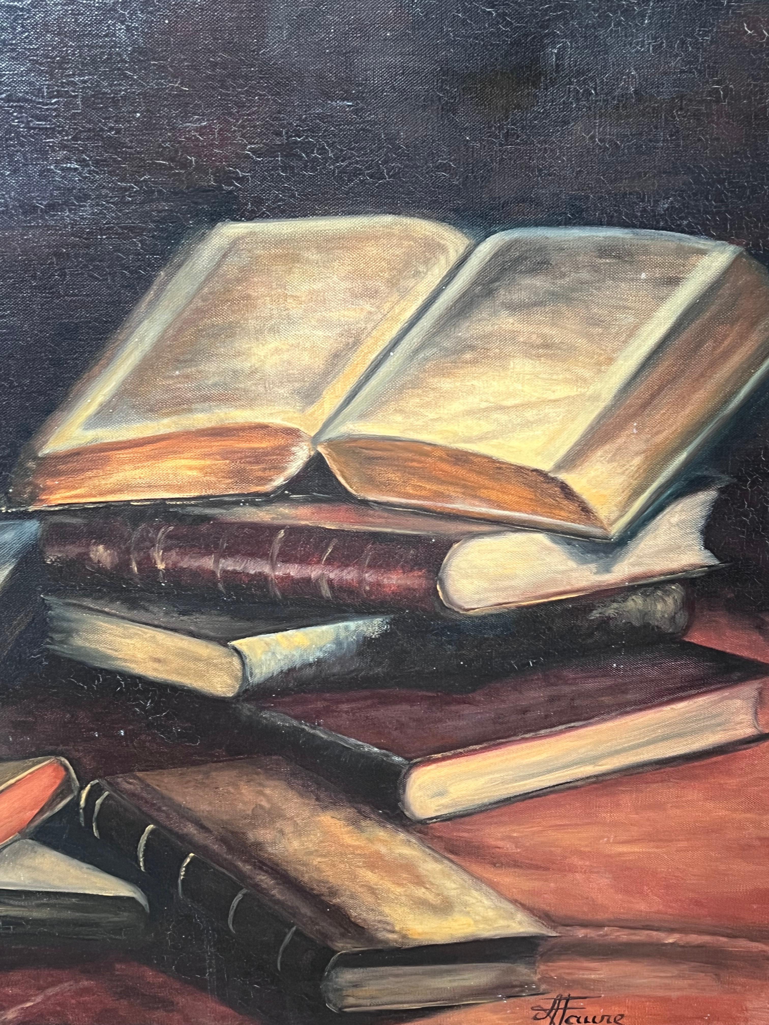 Candle Lit Interior Book Covered Table 20th Century French Oil Painting - Gray Still-Life Painting by Annie Faure