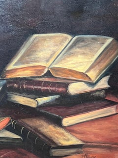 Candle Lit Interior Book Covered Table 20th Century French Oil Painting