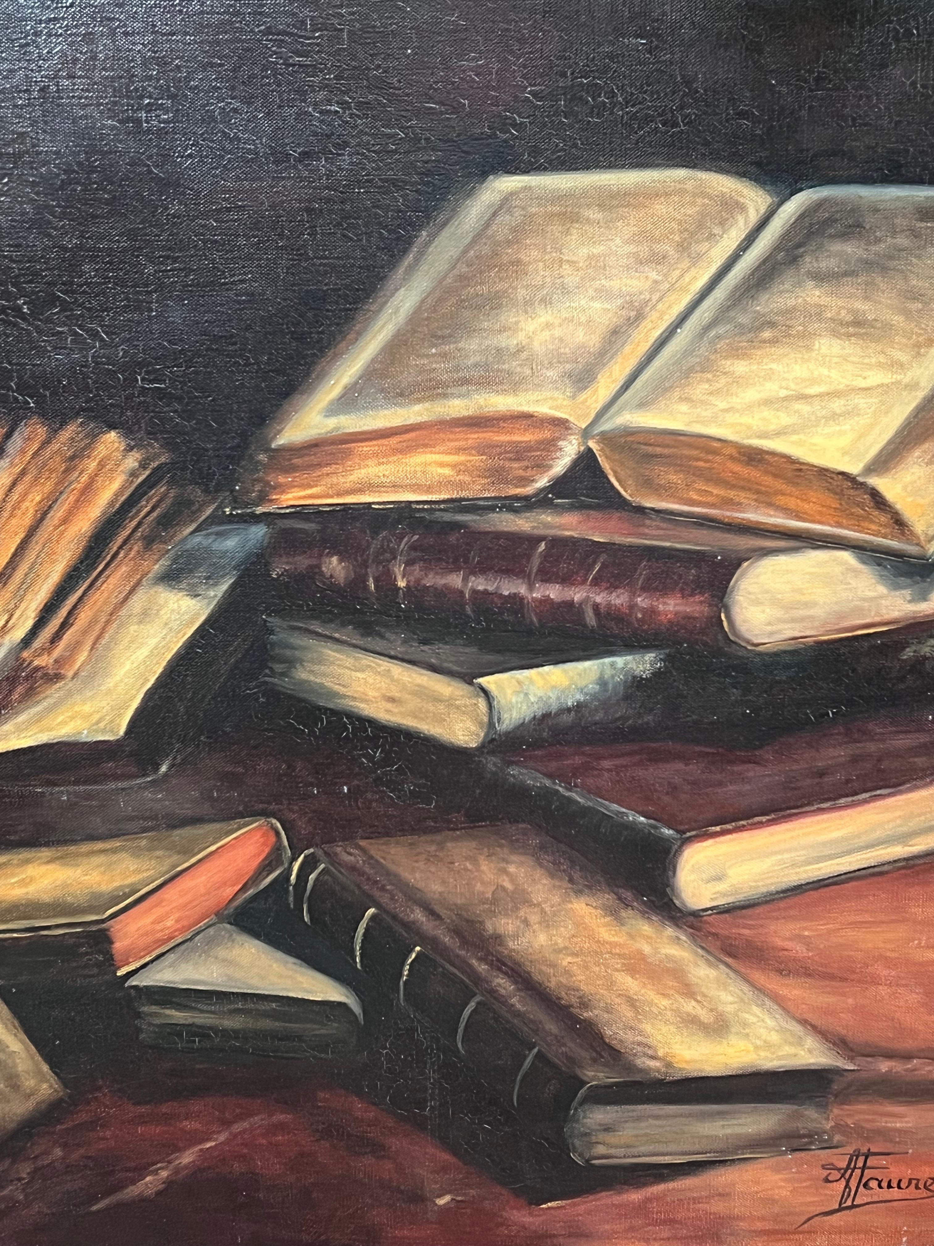 Candle Lit Interior Book Covered Table 20th Century French Oil Painting For Sale 1