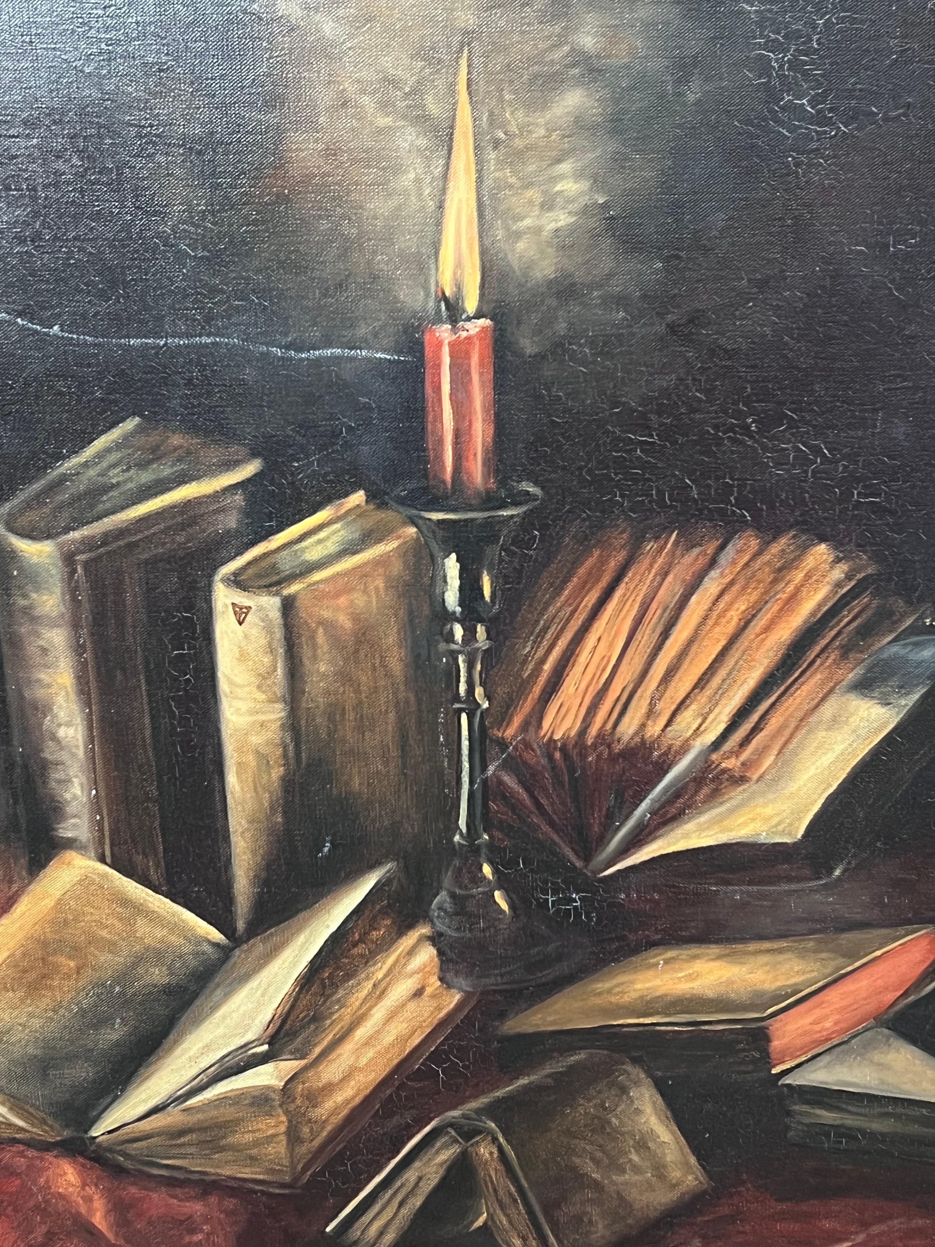 Candle Lit Interior Book Covered Table 20th Century French Oil Painting For Sale 2