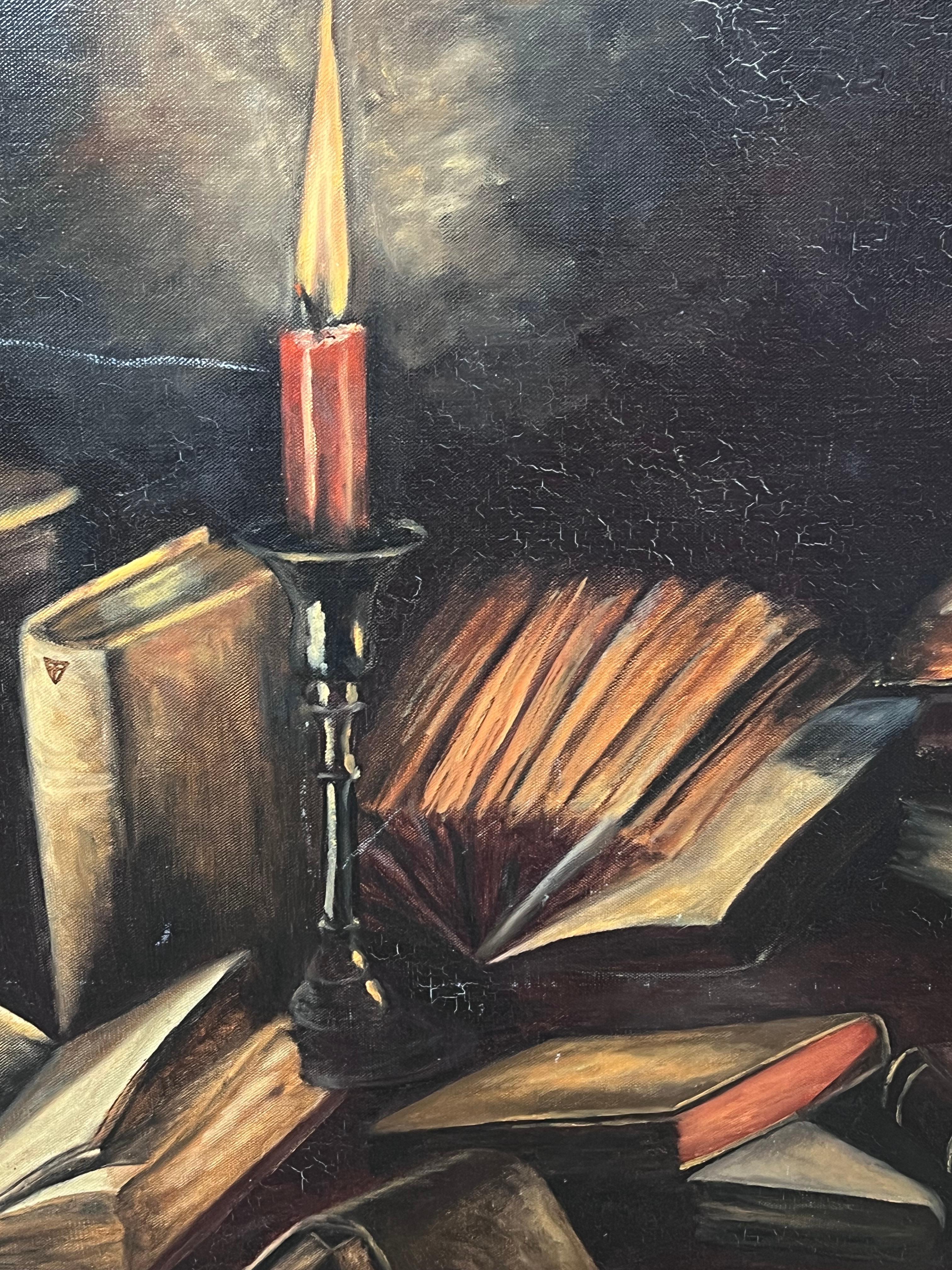 Candle Lit Interior Book Covered Table 20th Century French Oil Painting For Sale 3