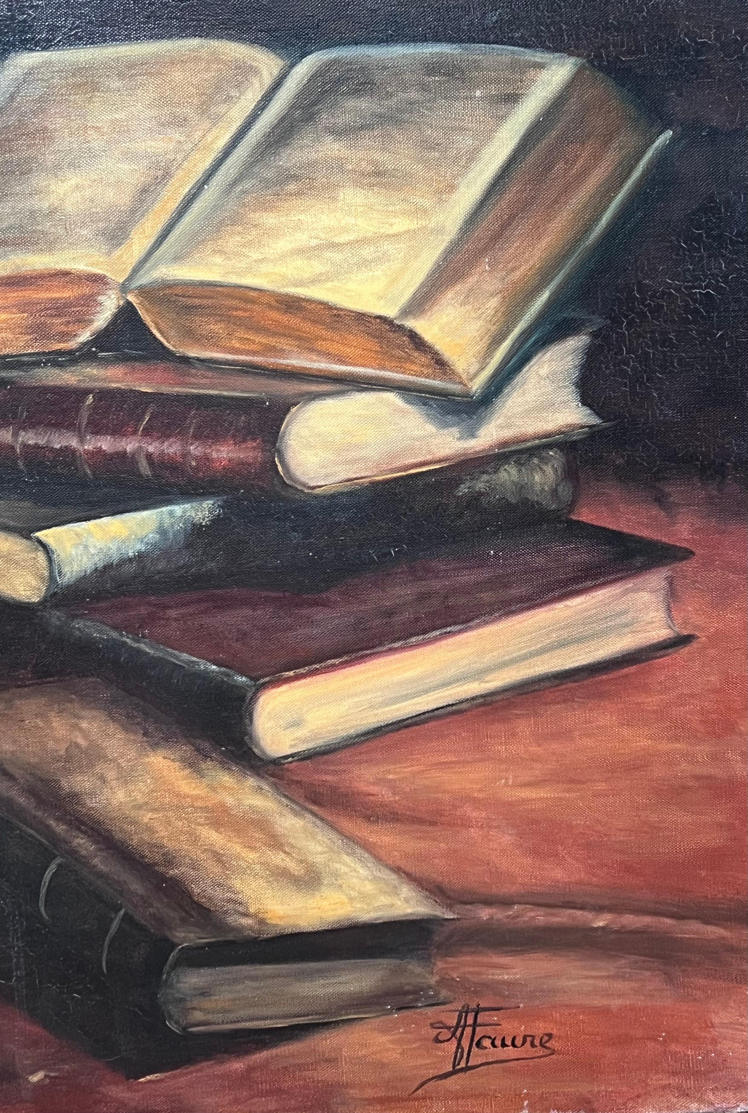 Candle Lit Interior Book Covered Table 20th Century French Oil Painting For Sale 4