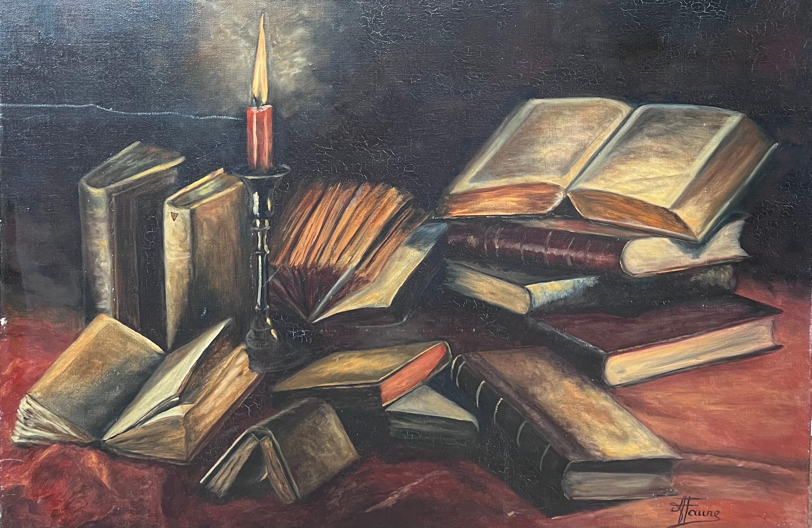 Annie Faure Still-Life Painting - Candle Lit Interior Book Covered Table 20th Century French Oil Painting