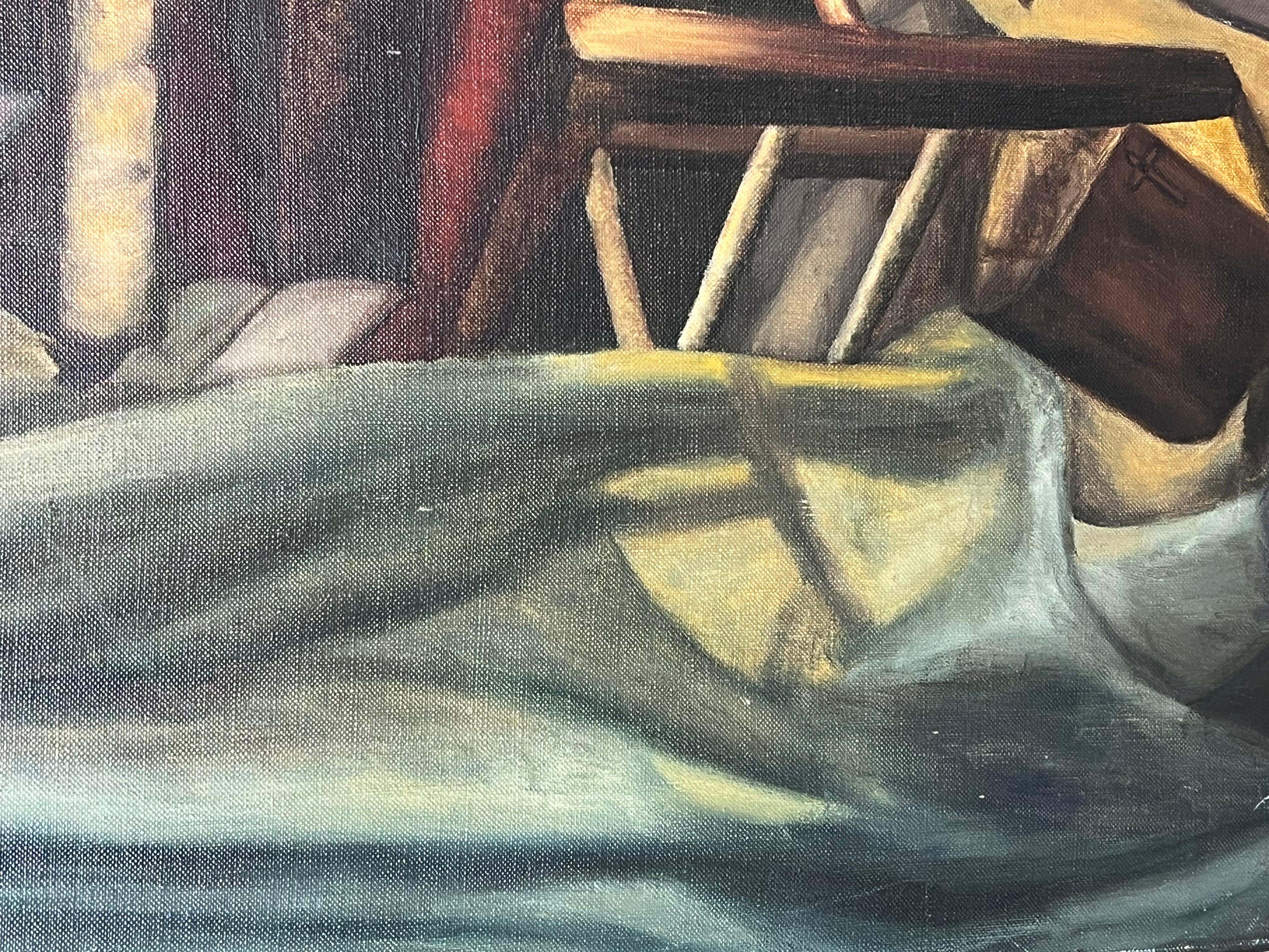 Kerze beleuchtet Interieur Kerze beleuchtet Buch Zimmer 20. Jahrhundert Französisch Ölgemälde – Painting von Annie Faure