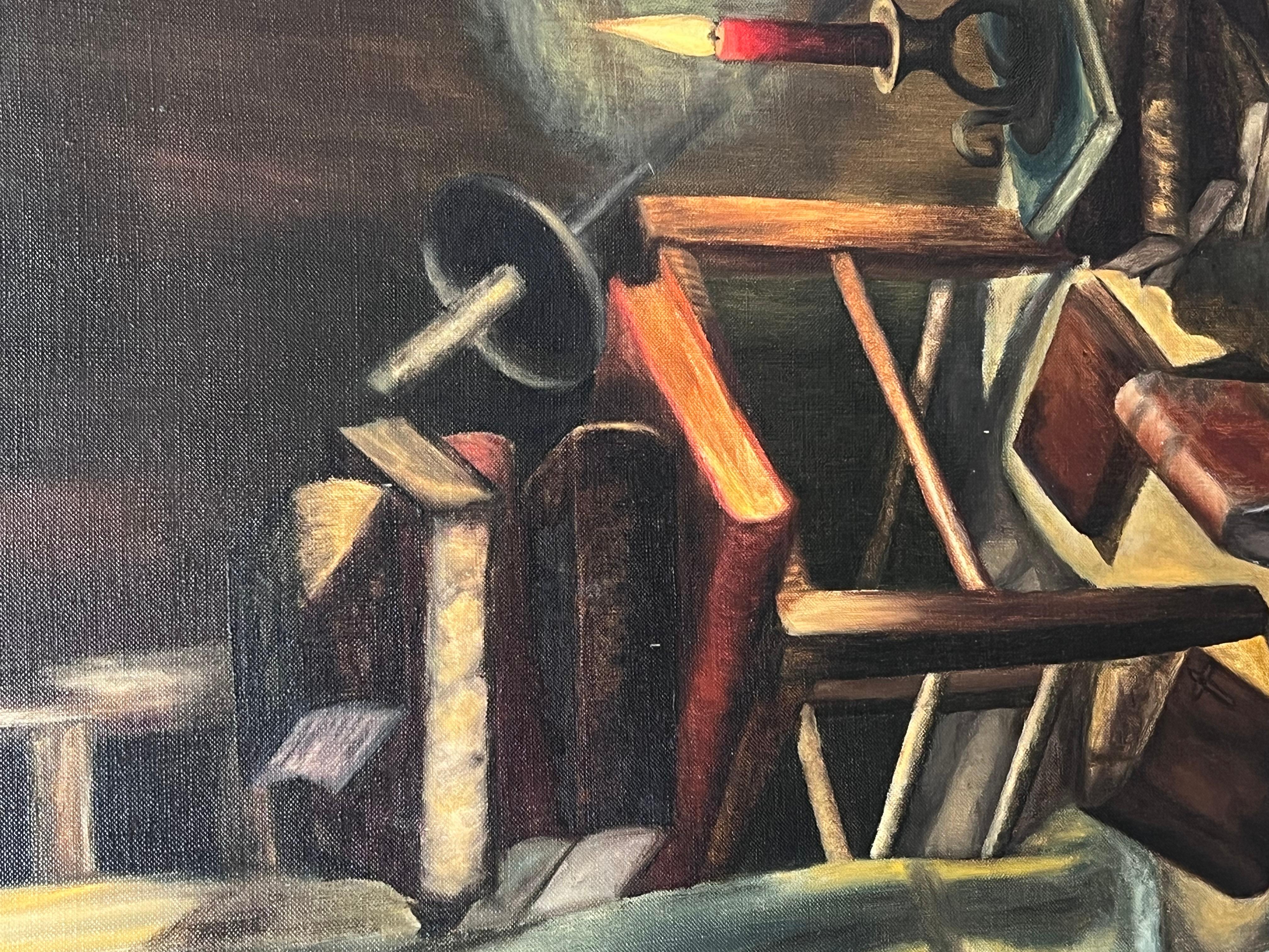 Kerze beleuchtet Interieur Kerze beleuchtet Buch Zimmer 20. Jahrhundert Französisch Ölgemälde (Grau), Still-Life Painting, von Annie Faure