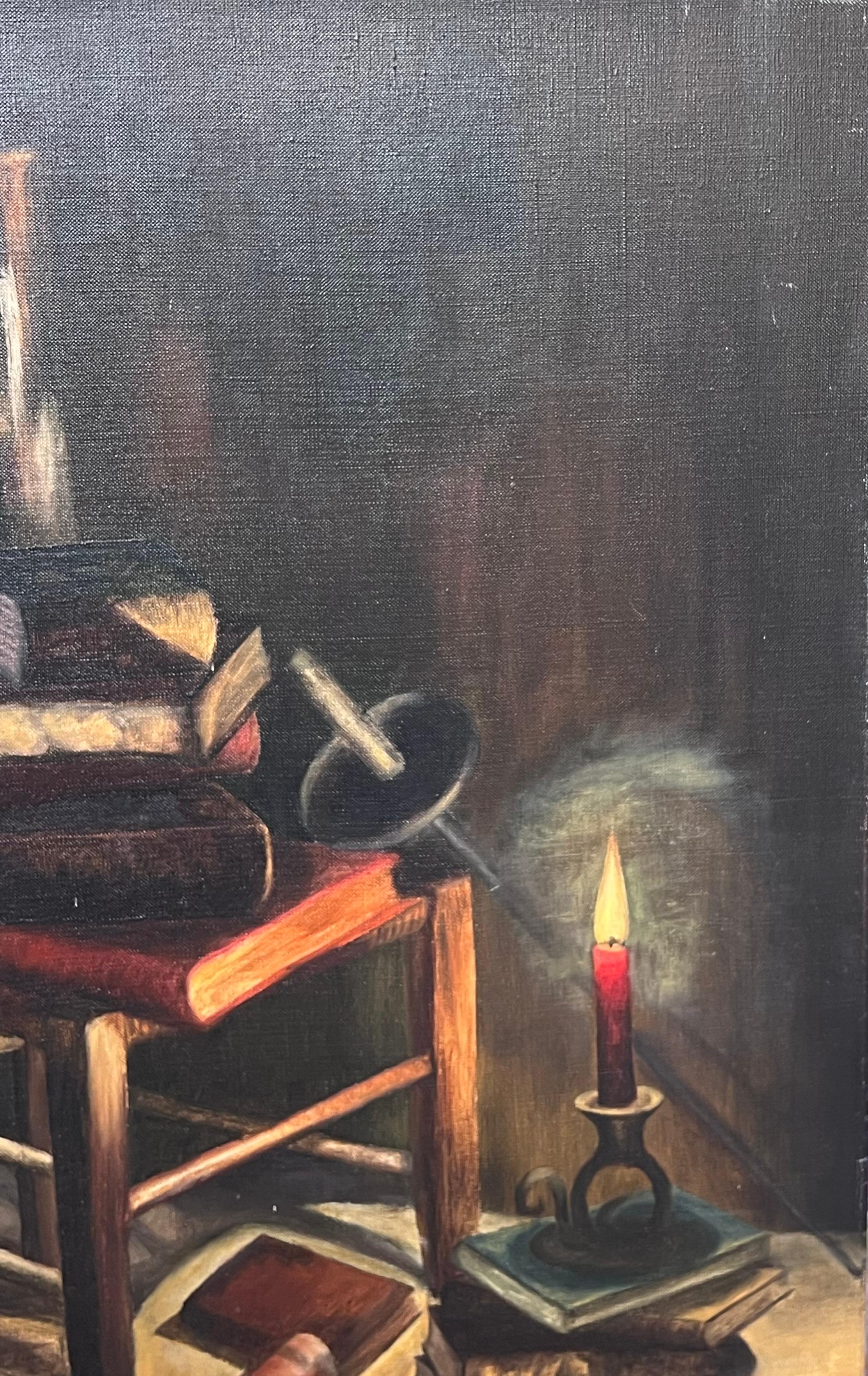 Kerze beleuchtet Interieur Kerze beleuchtet Buch Zimmer 20. Jahrhundert Französisch Ölgemälde im Angebot 1