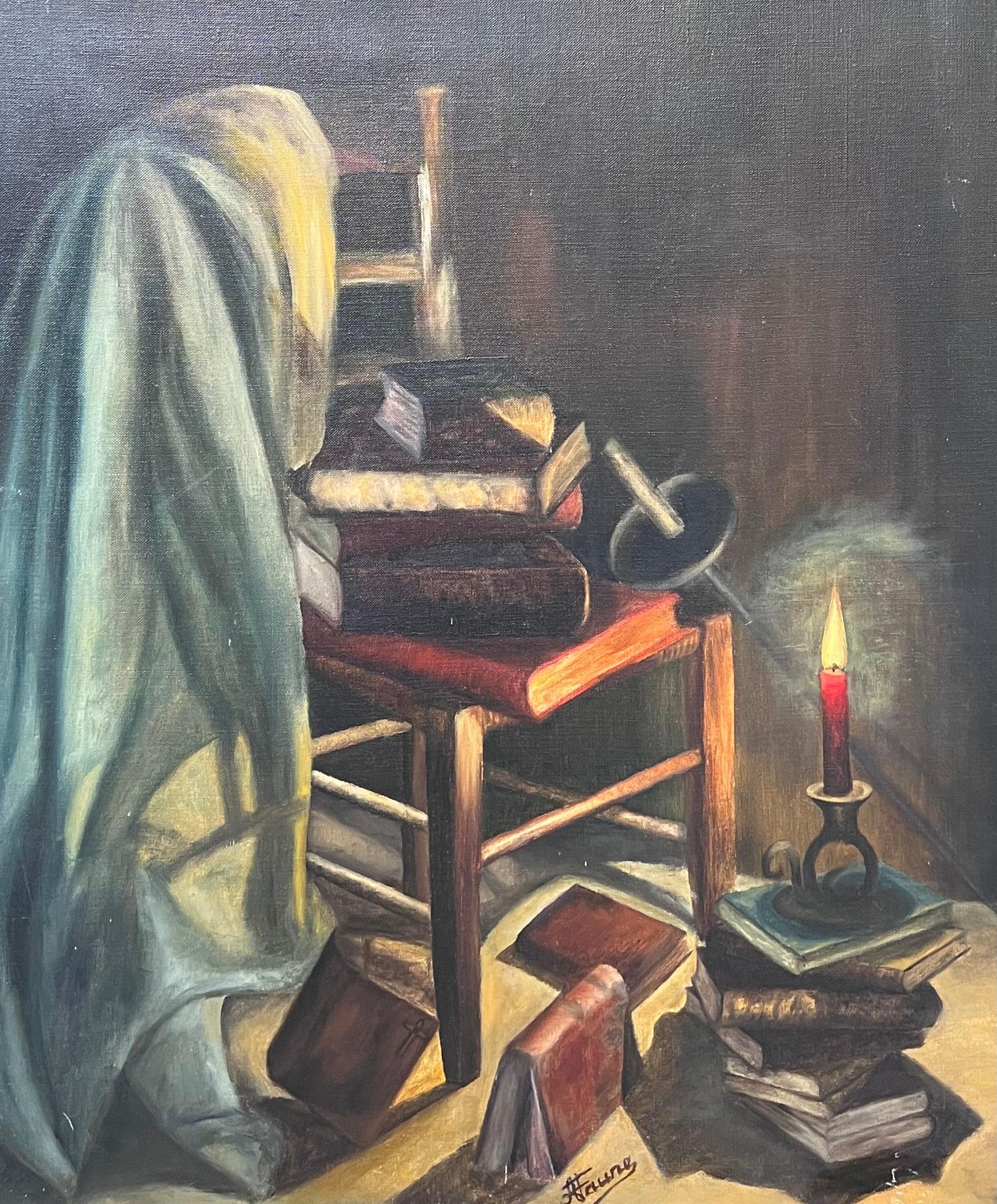 Candle Lit Interior Candle Lit Book Room 20th Century French Oil Painting