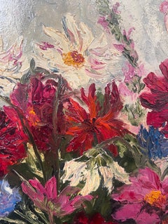 Colourful Wild Flowers in Round Blue Vase 20th Century French Oil Painting