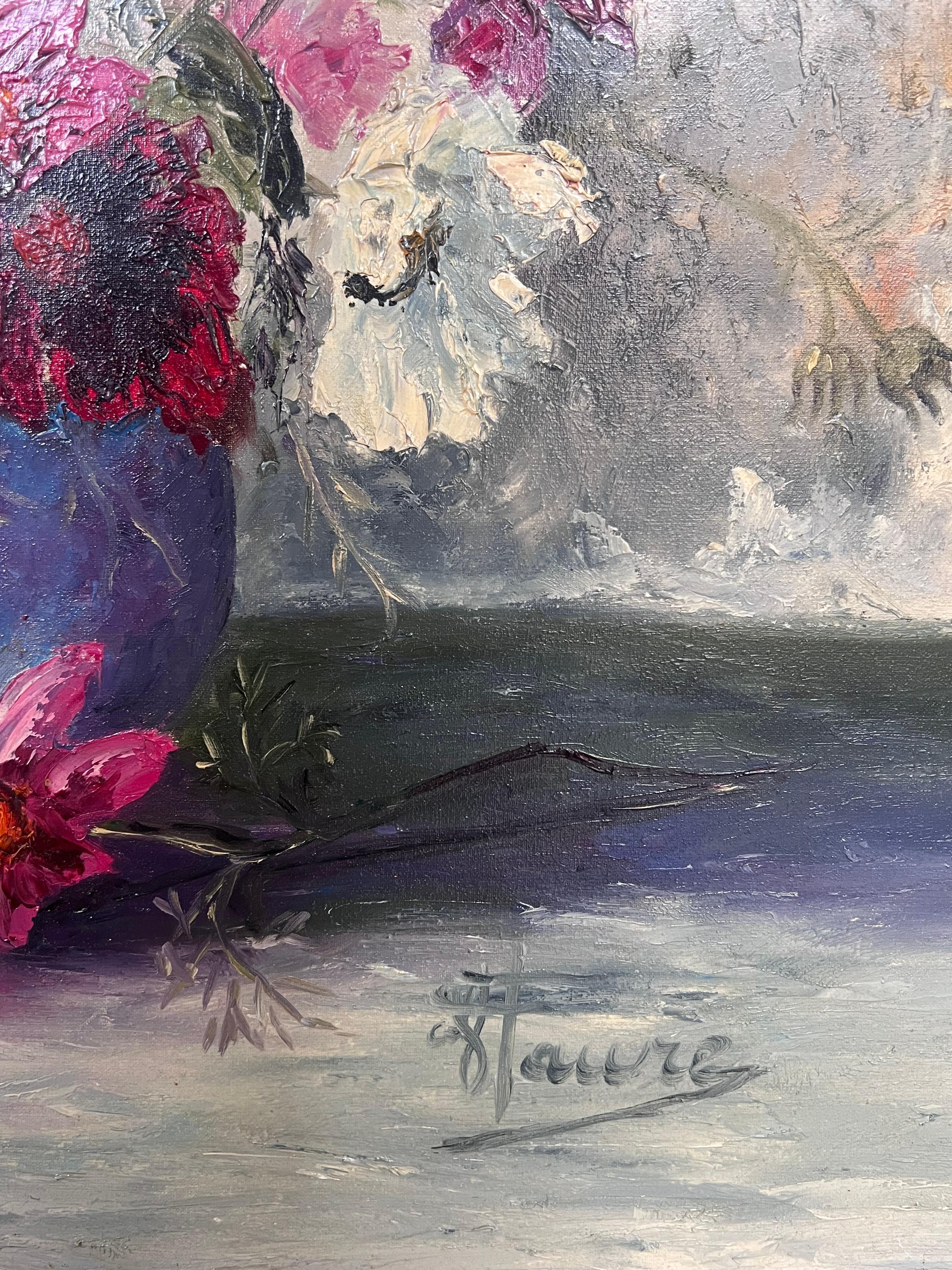 Peinture à l'huile française du 20e siècle, fleurs sauvages colorées dans un vase bleu rond en vente 1