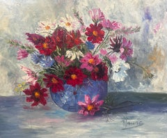 Colourful Wild Flowers in Round Blue Vase 20th Century French Oil Painting