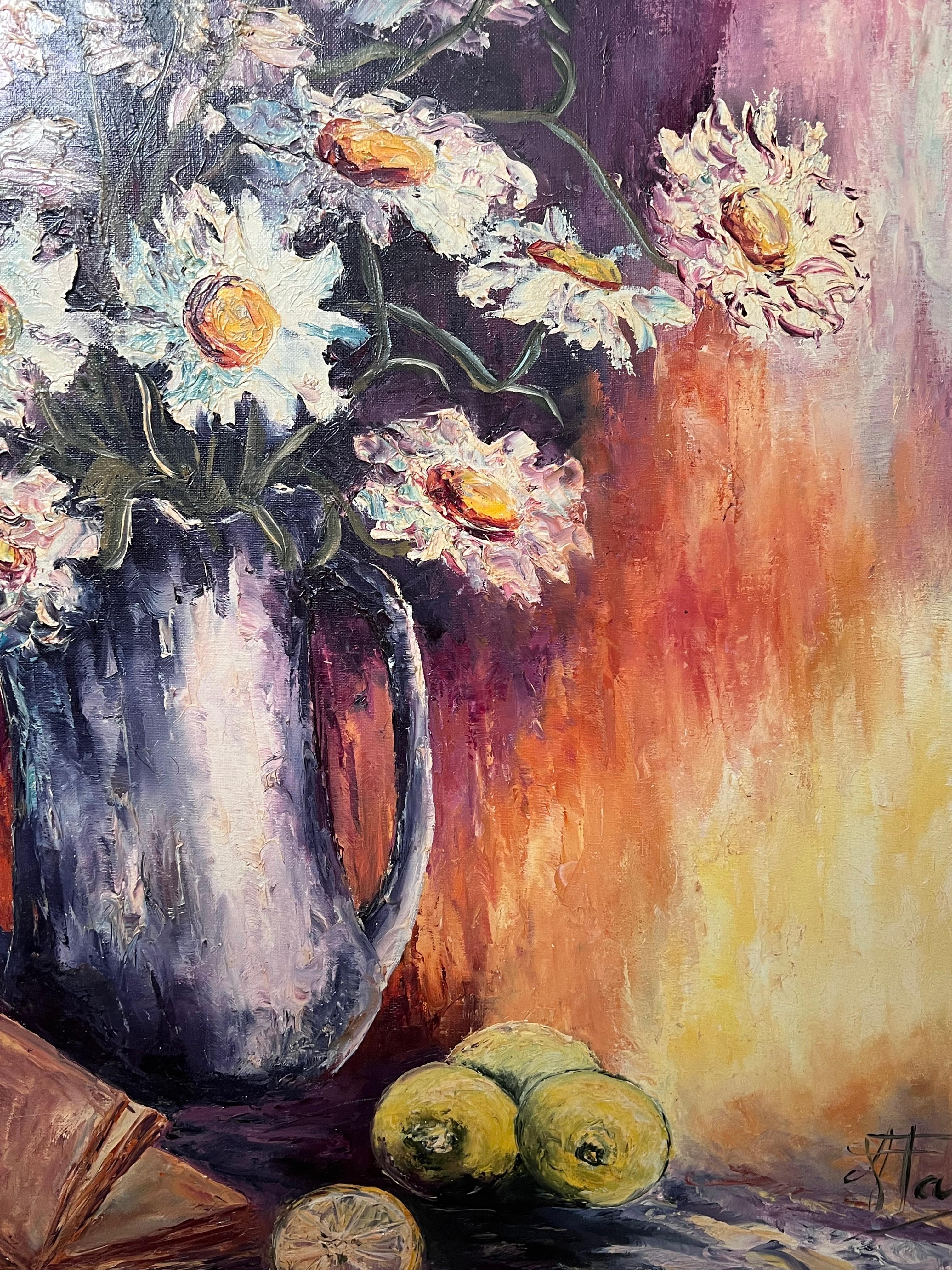 Daisies In Purple Vase in Fiery Colour Interior 20th Century French Oil Painting - Brown Still-Life Painting by Annie Faure