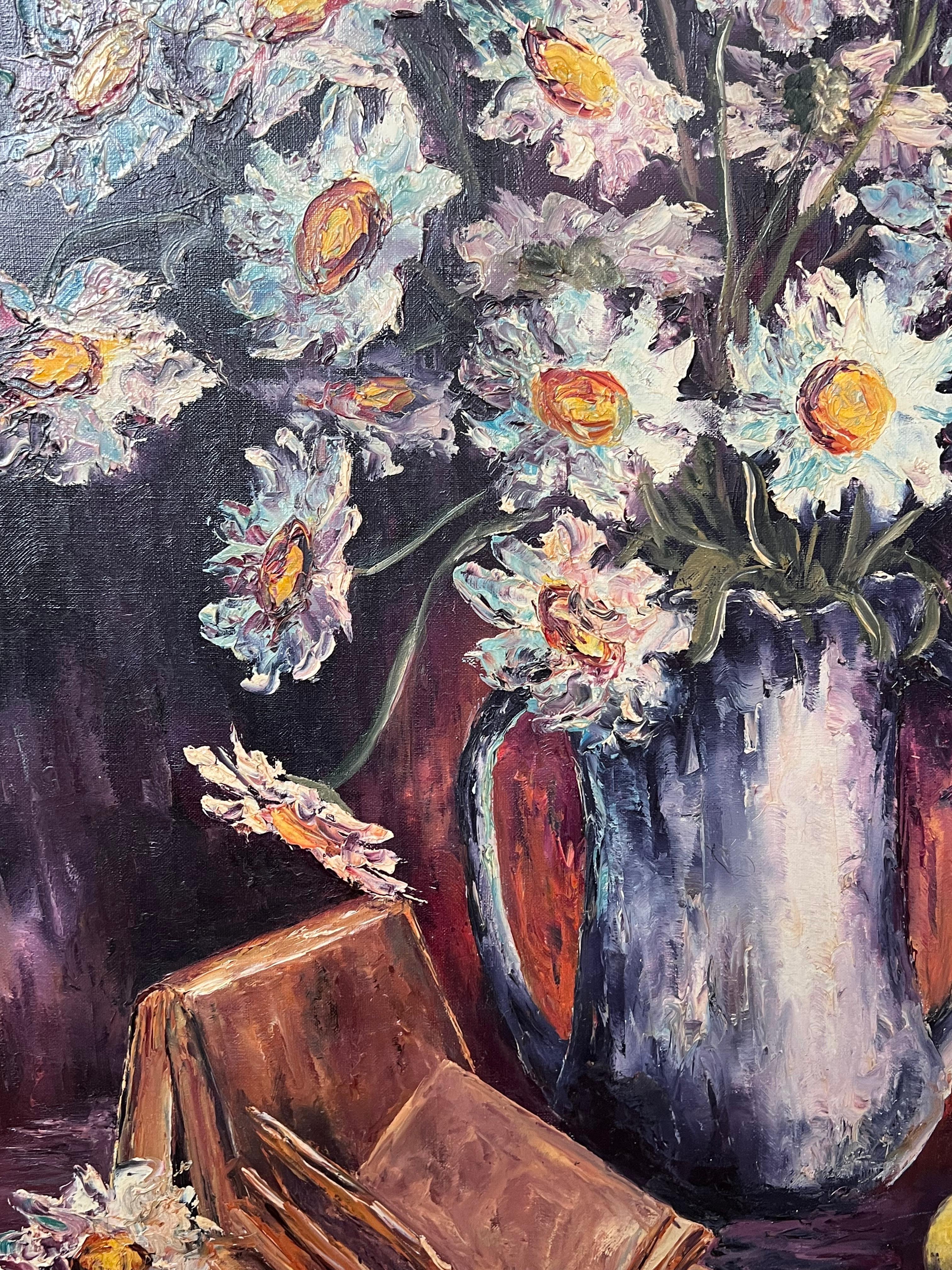 Daisies Still Life
by Annie Faure (French 1940-2021)
signed lower corner
oil painting on canvas, unframed
canvas size: 29 x 36 inches
condition: overall very good, minor surface scuffs from previous storage
provenance: from the artists family in the