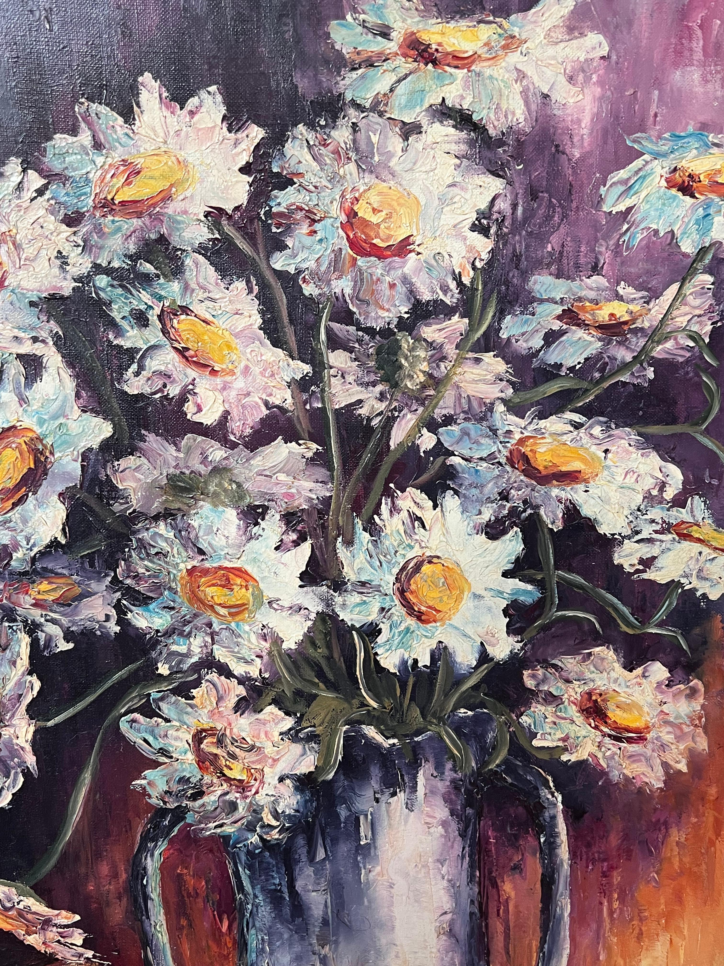 Daisies In Purple Vase in Fiery Colour Interior 20th Century French Oil Painting For Sale 2