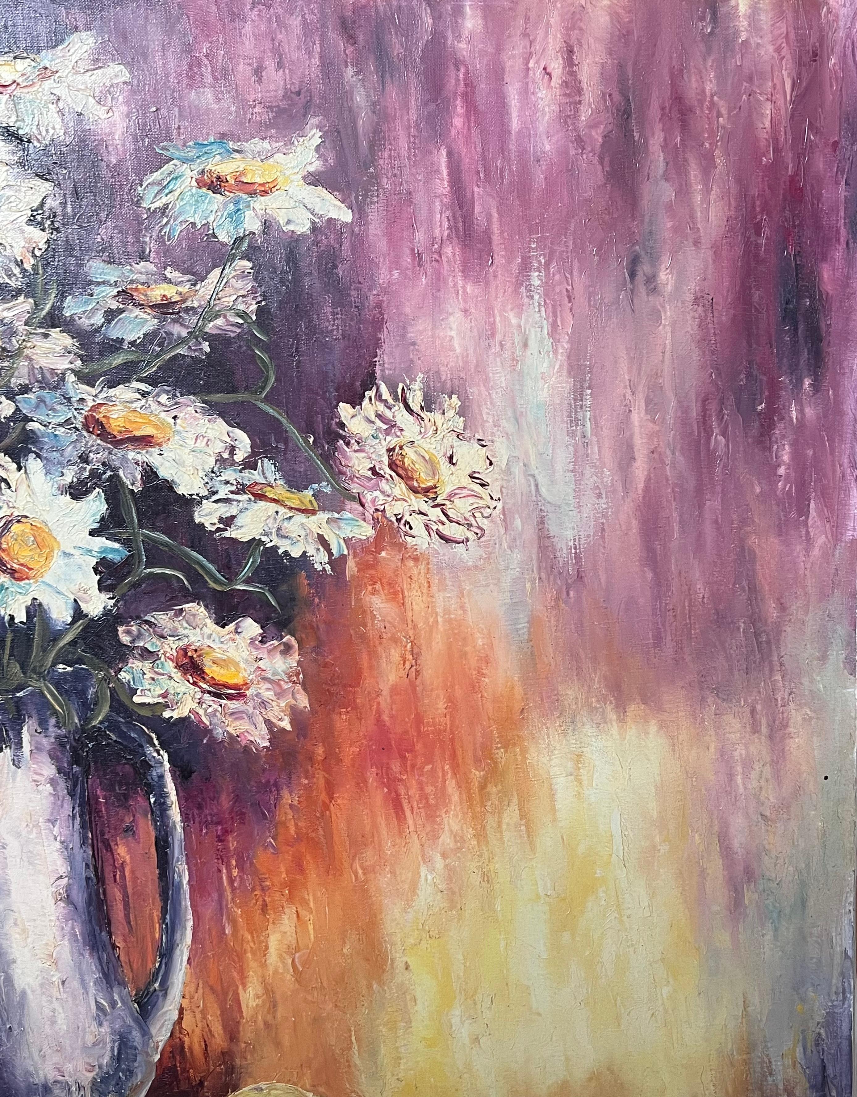Daisies In Purple Vase in Fiery Colour Interior 20th Century French Oil Painting For Sale 4