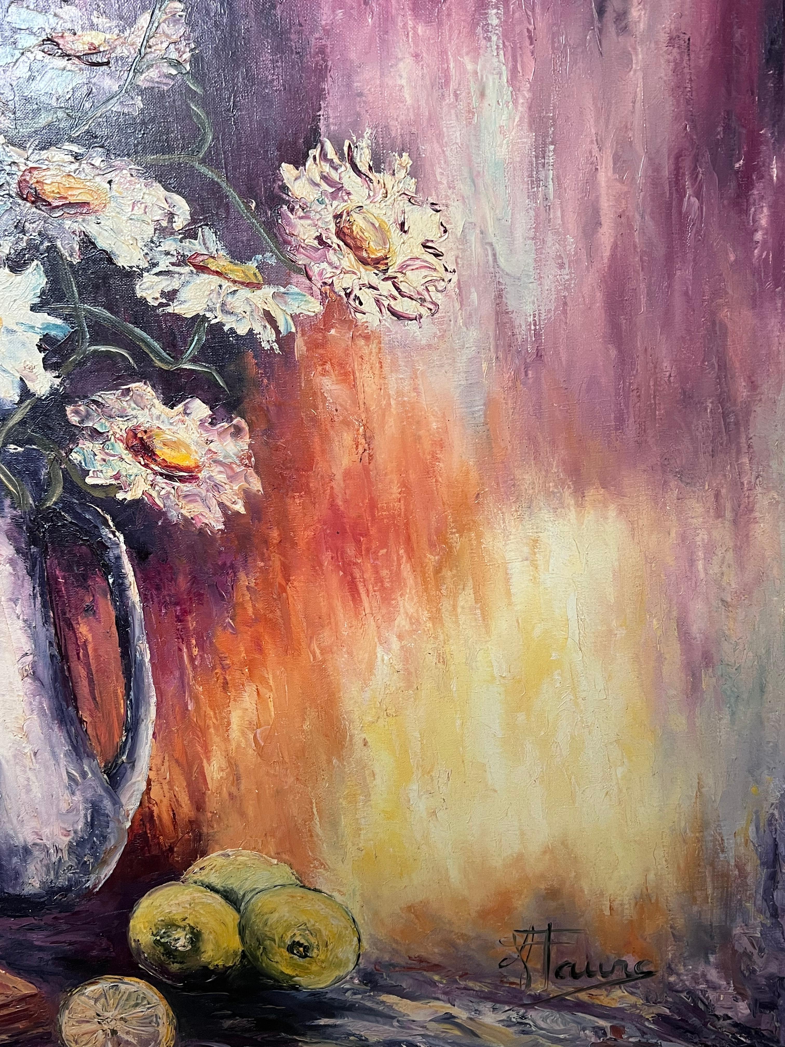 Daisies In Purple Vase in Fiery Colour Interior 20th Century French Oil Painting For Sale 6