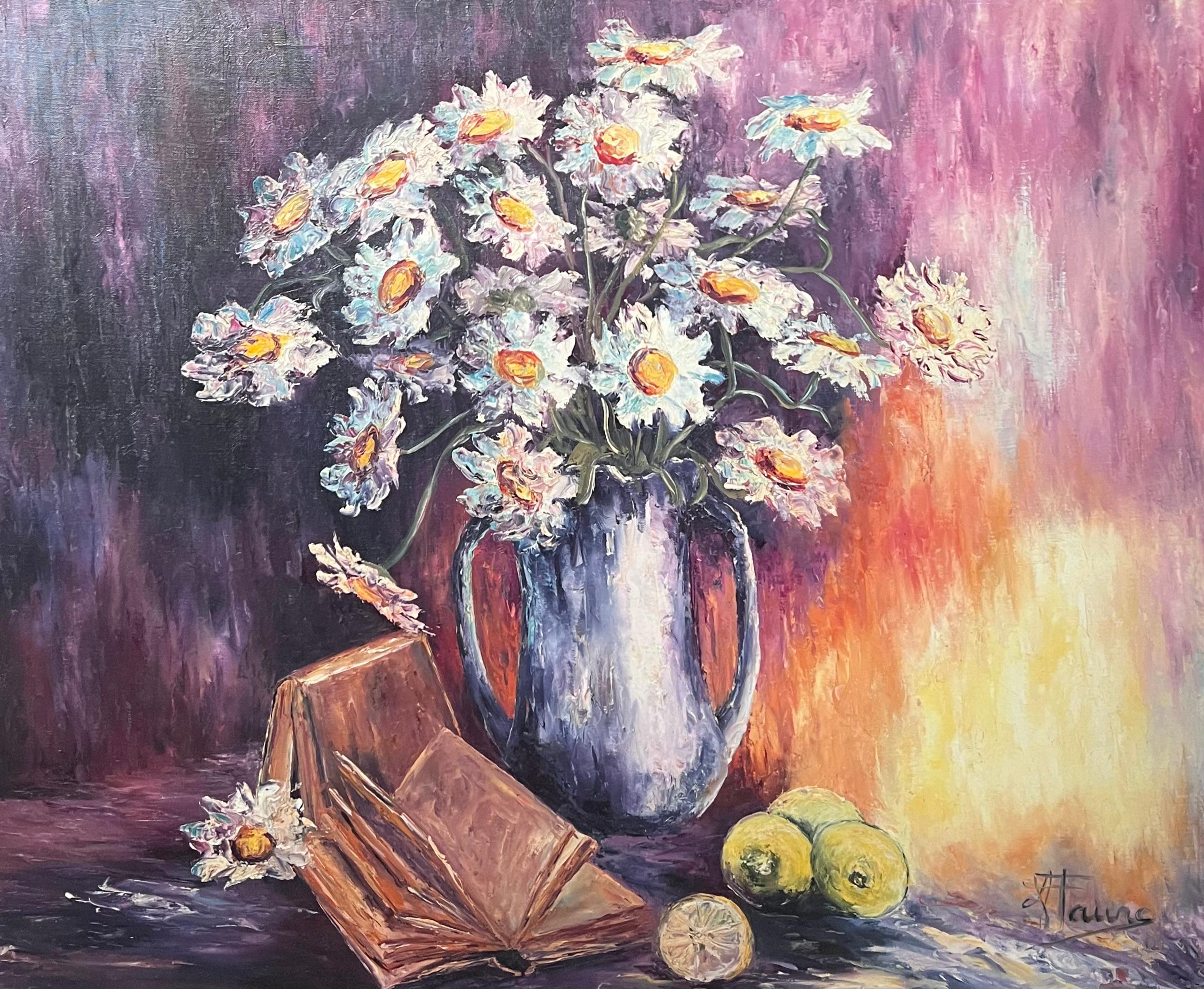 Annie Faure Still-Life Painting - Daisies In Purple Vase in Fiery Colour Interior 20th Century French Oil Painting