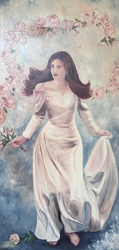Elegant Bride Barefoot Through The Blossoms 20th Century French Oil Painting