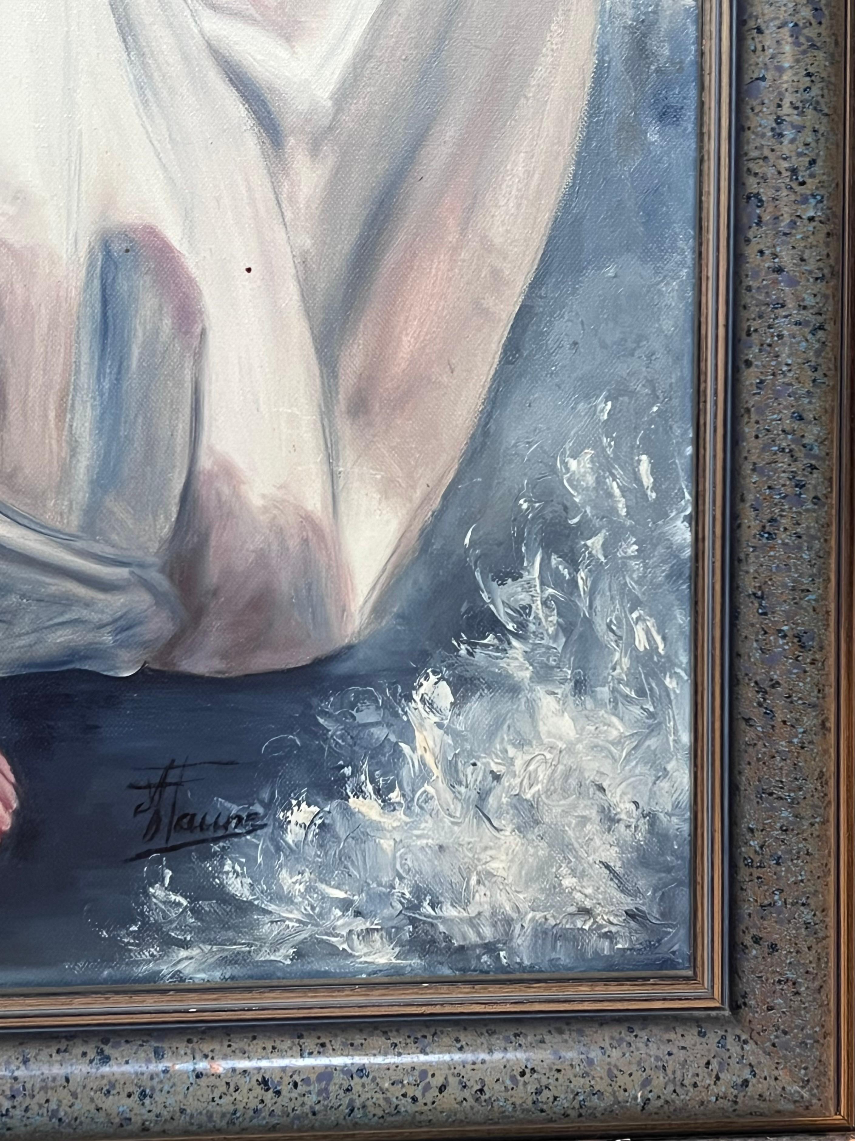 Elegante Braut Barefoot Through The Blossoms, Französisches Ölgemälde des 20. Jahrhunderts (Grau), Portrait Painting, von Annie Faure