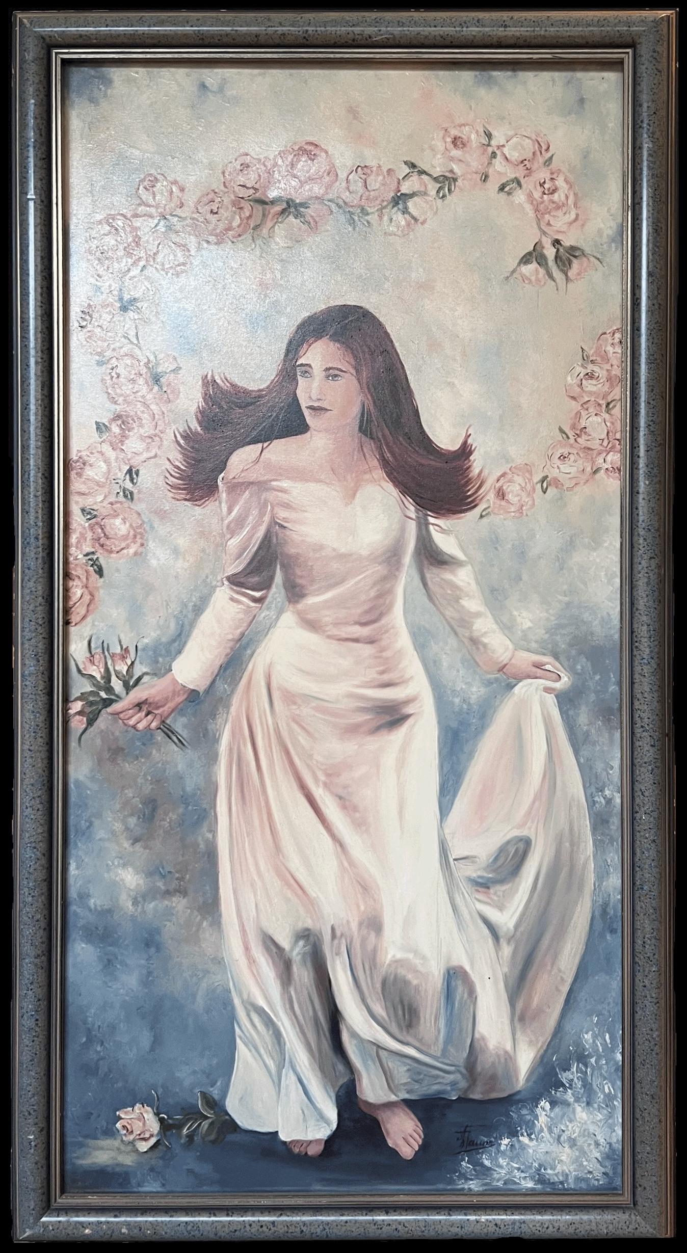Elegant Bride Barefoot Through The Blossoms 20th Century French Oil Painting